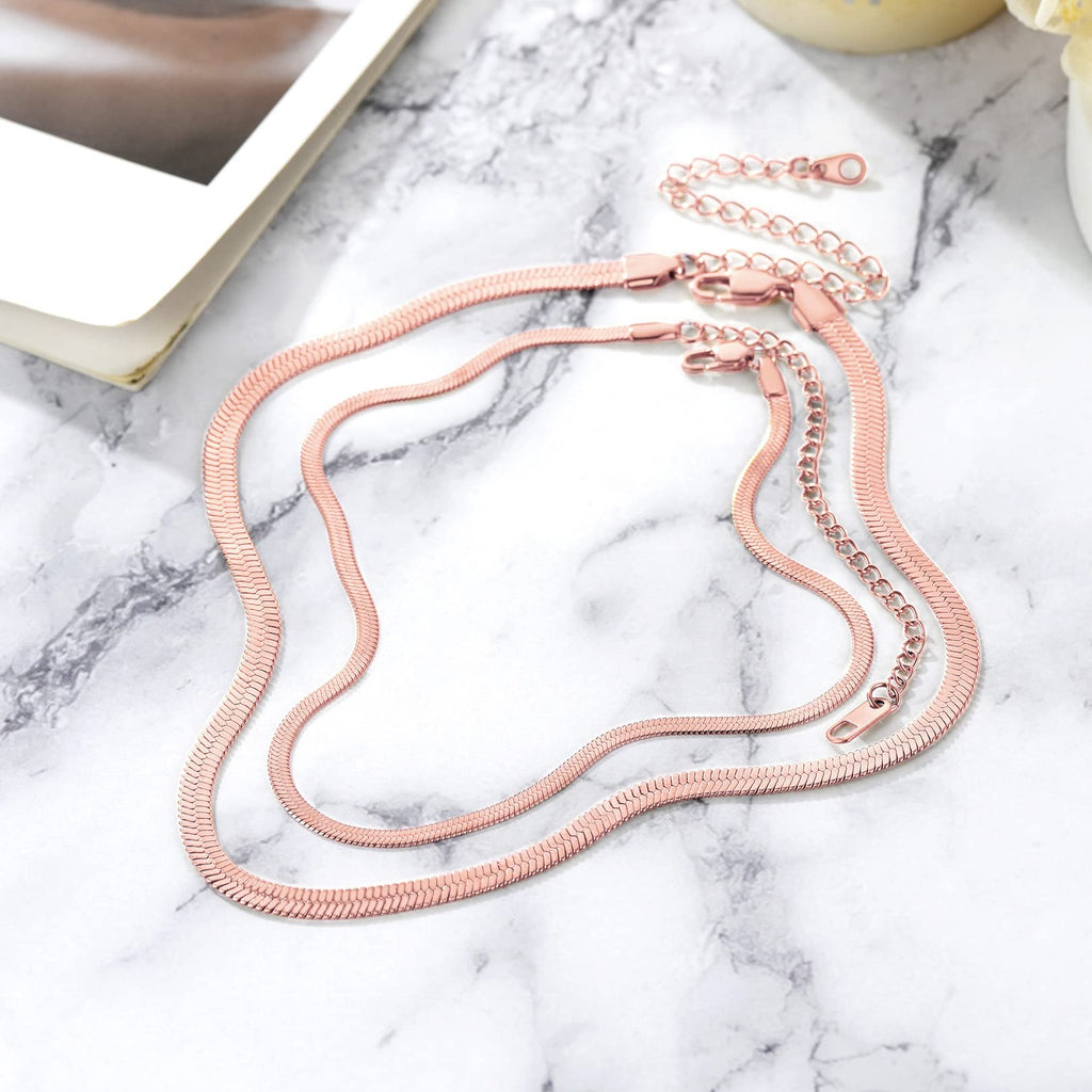 FOCALOOK 14K Gold Plated Necklaces for Women, Fashion Herringbone Choker Necklace Stainless Steel Flat Snake Chain 3/5MM(W) 12.5"/15"/18"+3.5"(L)