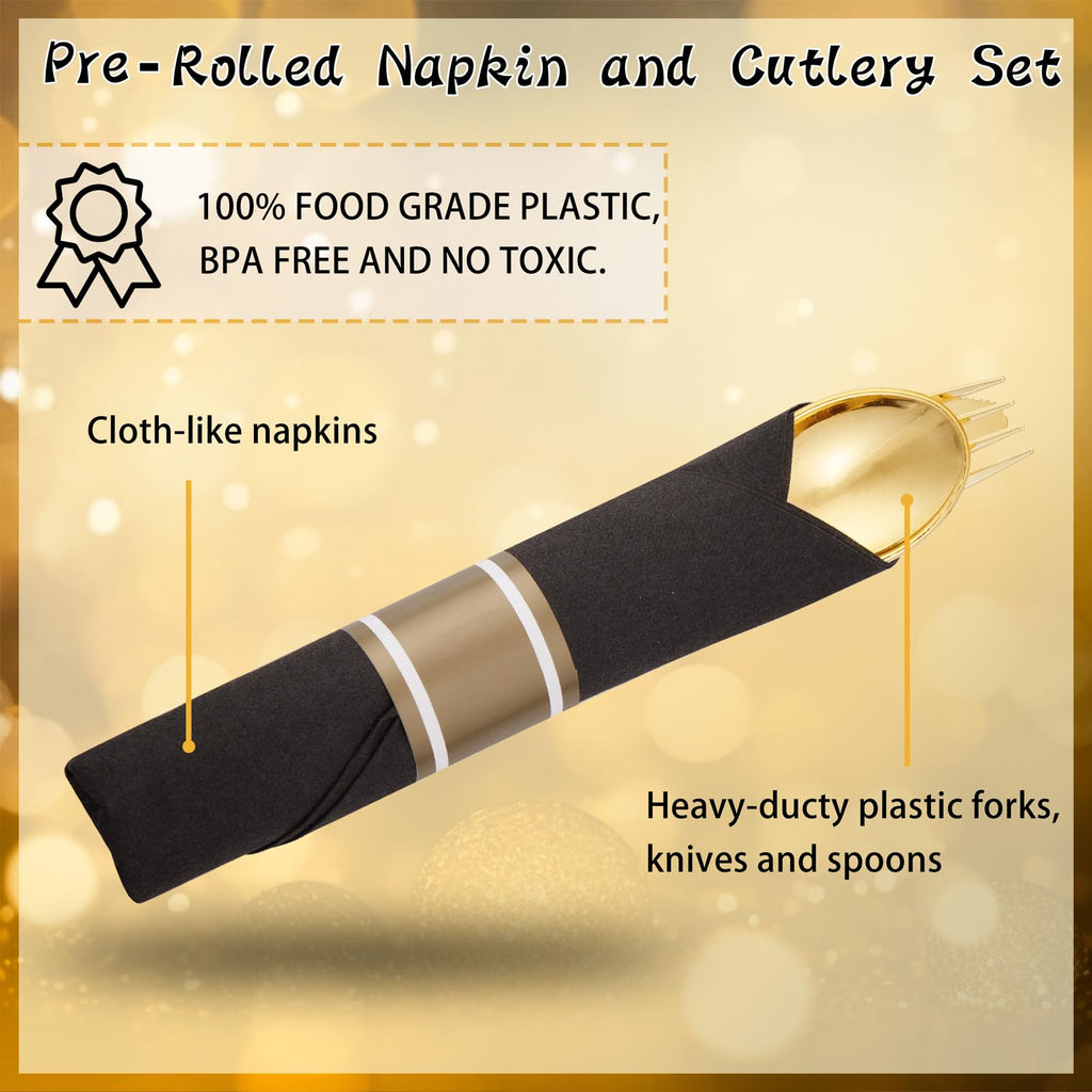 Supernal 60 Pack Pre Rolled Gold Plastic Silverware with Black Napkins - Heavy Duty Pre Wrapped Gold Cutlery Set Disposable - Elegant Plastic Forks, Spoons & Knives for Weddings, Parties, Catering