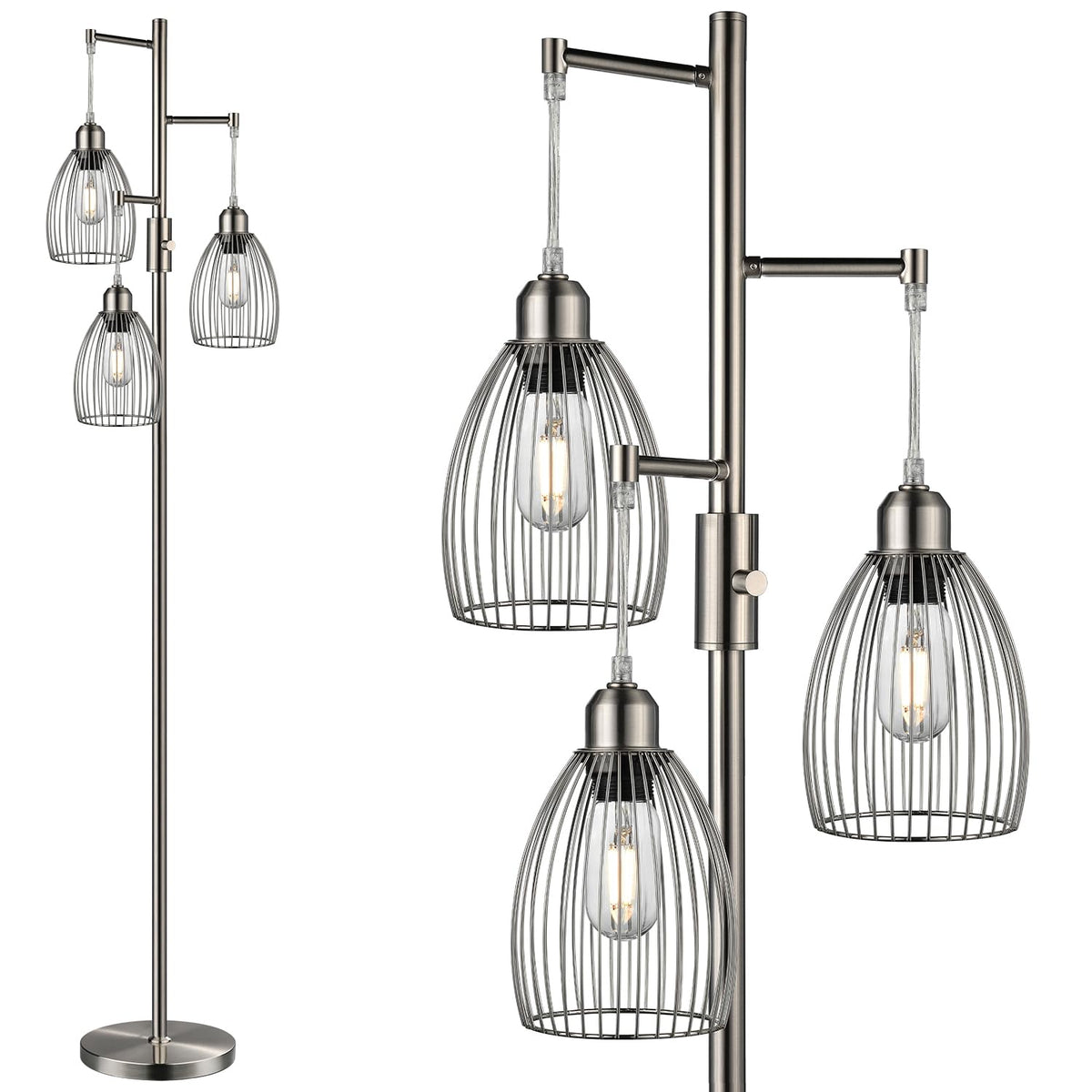 Dimmable Floor Lamp, 3 x 800LM LED Edison Bulbs Included, Farmhouse Industrial Floor Lamp Standing Tree Lamp with Elegant Teardrop Cage Tall Lamps for Living Room Bedroom Office Dining Room-Brass