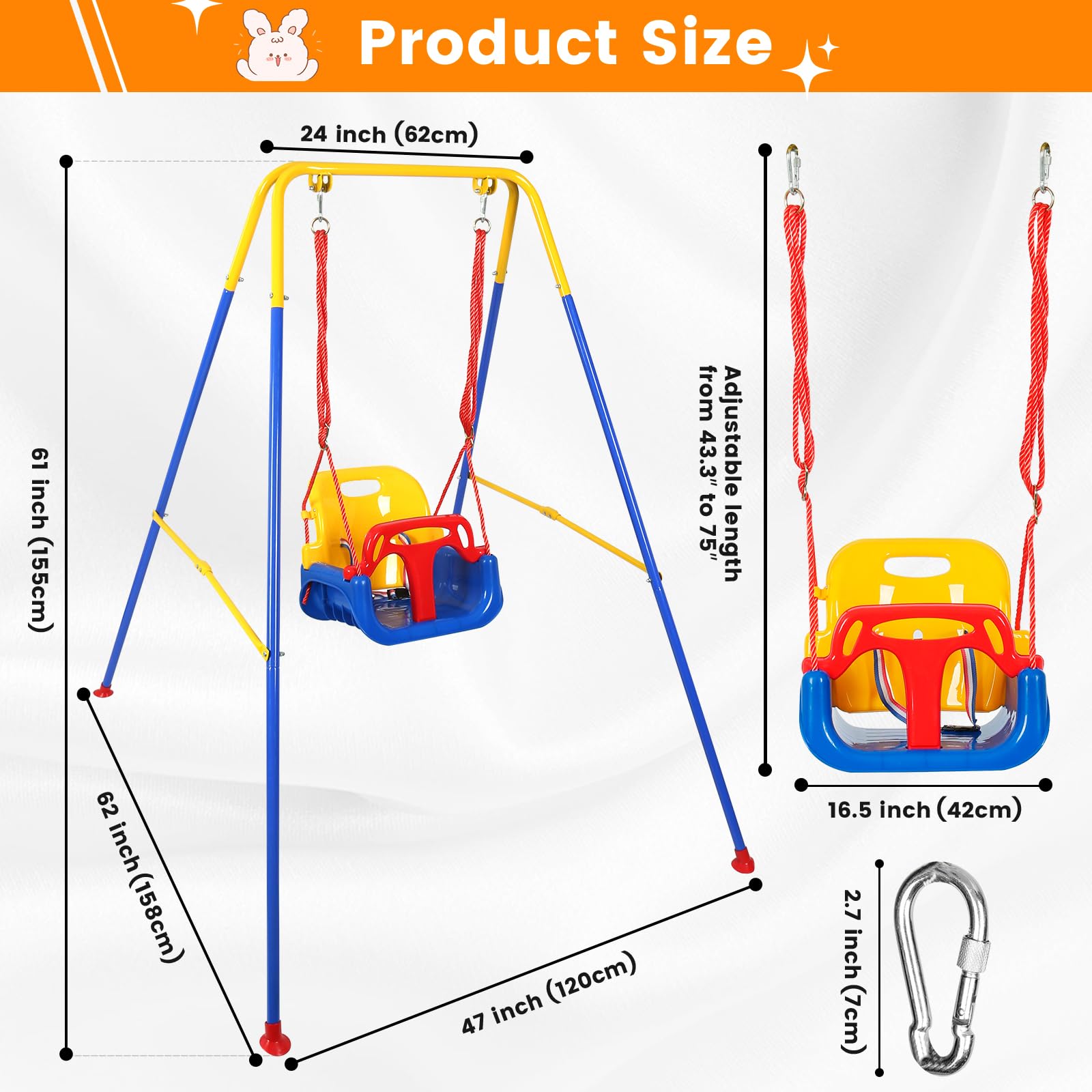3-in-1 Toddler Swing Set, Metal A-Frame Hammock Chair Stand, Foldable Baby Swing Frame, Easy to Assemble & Store, Indoor/Outdoor Swing Stand for Toddler Baby Jumper Chair (SEAT)