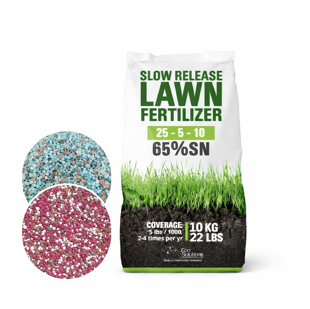 Slow Release Lawn Fertilizer 25-5-10 NPK - 65% Granular Nitrogen Formula for Deep Feeding up to 110 Days - 10kg (22lbs) Bag - Kid & Pet Safe Lawn Care for Lush Green Grass