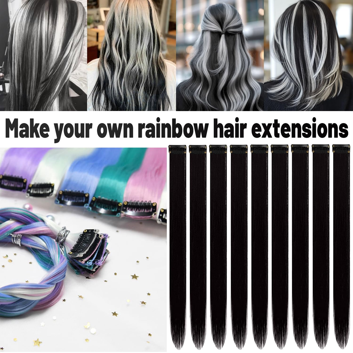 22 inch Colored Hair Extensions,Colorful Clip in Long Straight Synthetic Hair Extensions,Color Party Highlights Hairpieces for Women Girls Cosplay Styling(10 PCS Black)