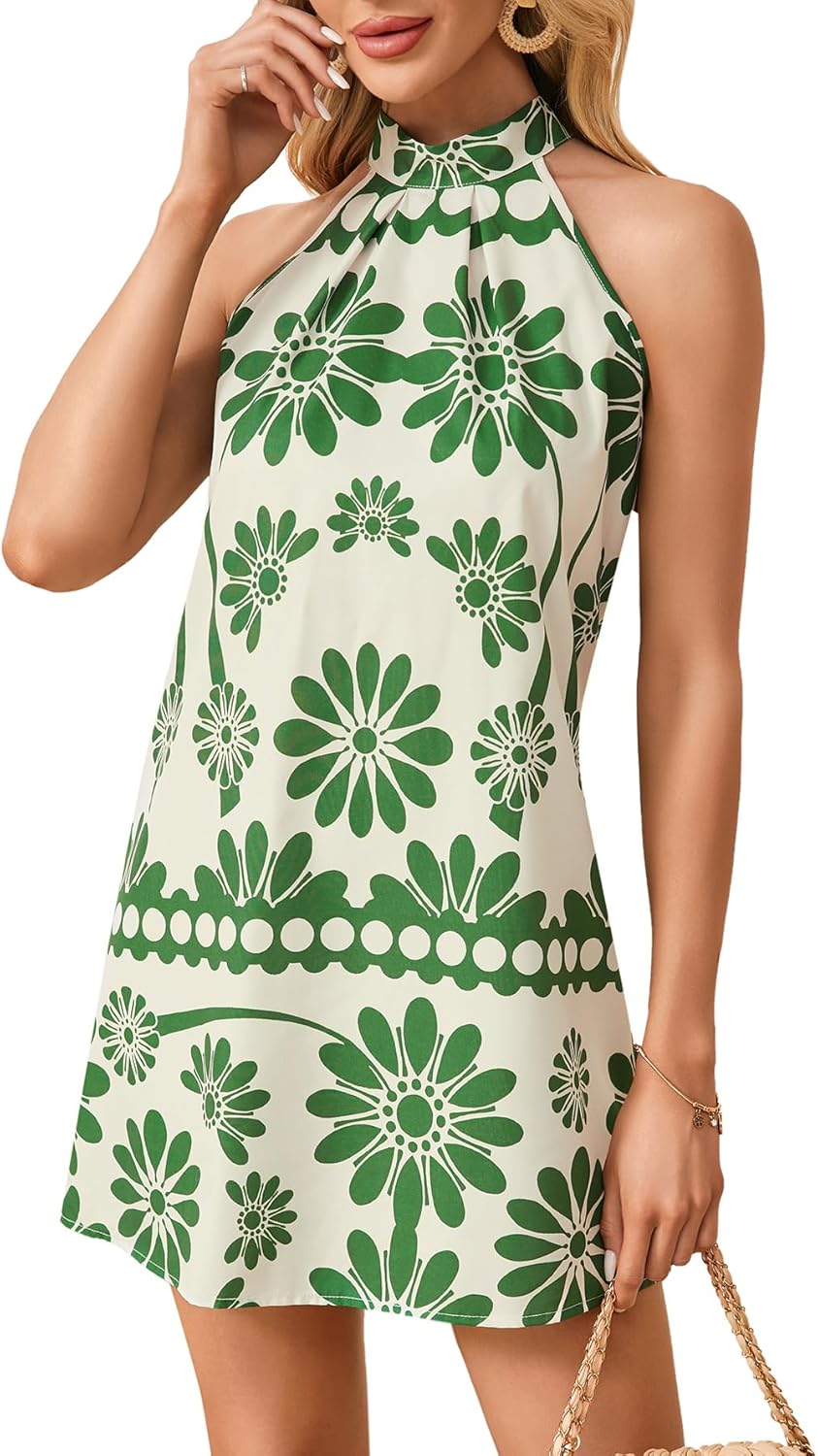 Floerns Women's Sleeveless Floral Print Sundress Halter Neck A Line Short Dress
