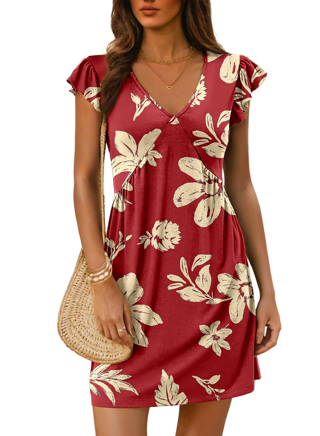 Dokotoo Women's Summer Dresses Beach 2026 Casual Deep V Neck Loose Sundress Ruffle Sleeve Mini Dress