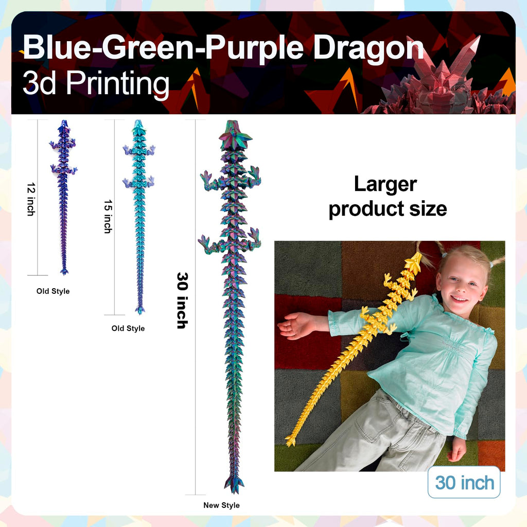 24" Large 3D Printed Dragon - Huge Articulated Crystal Dragon Fidget Toy, Giant Flexible 3D Dragon Figure, Birthday Gift for Boys Girls Kids & Collectors, Home Office Executive Desk Decor