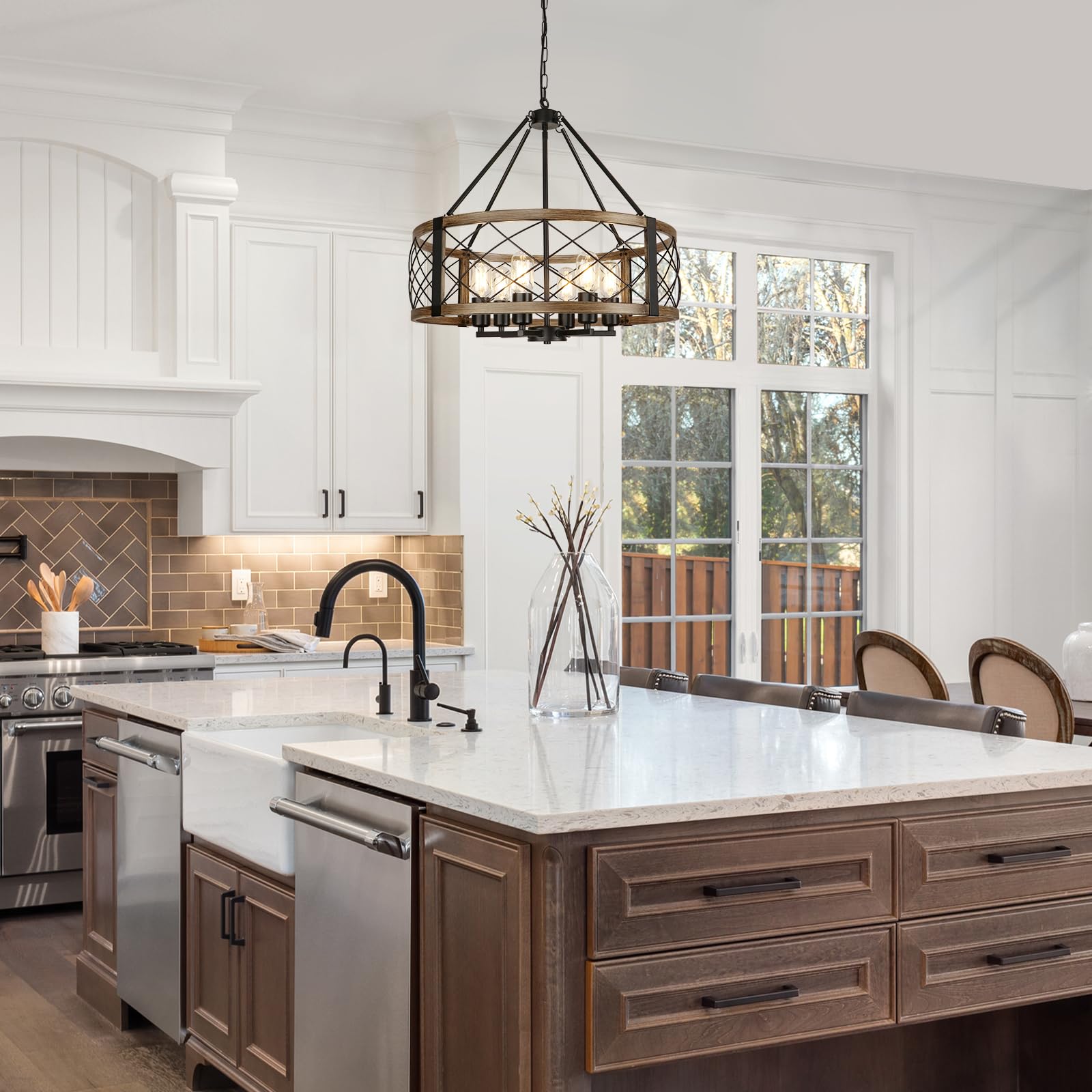 Modern Chandelier for Dining Room, 6-Light Wood Grain Finish Farmhouse Chandelier, 22.5” Rustic Drum Hanging Light Kitchen Island, Round Metal Hanging Light Fixture for Foyer, Entryway, Bedroom