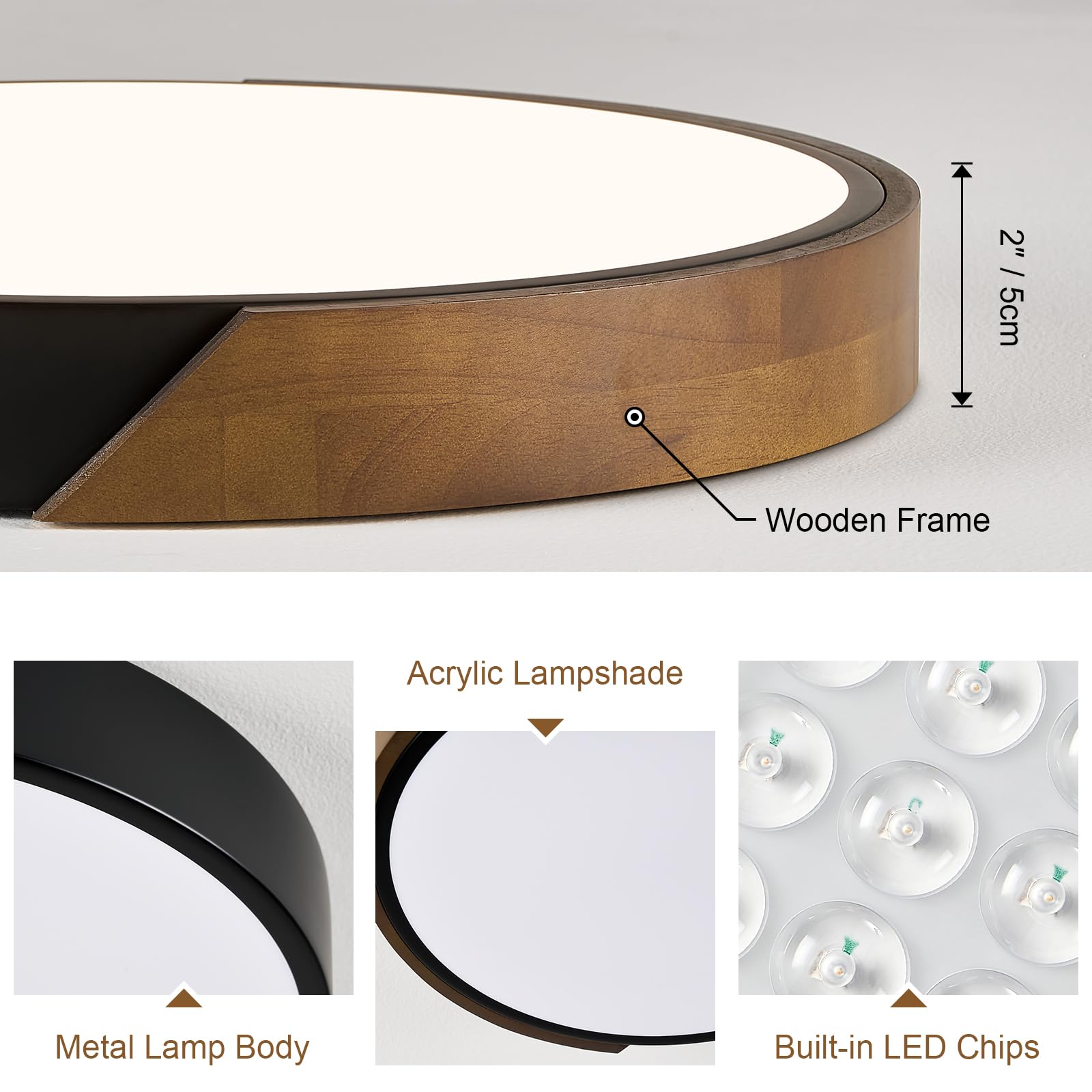 Modern LED Ceiling Light, Minimalist Wood Dimmable Flush Mount Ceiling Light Fixture, Round 5CCT Lighting Lamp with Acrylic Lampshade for Bedroom Hallway Kitchen Laundry, Black 11.8"