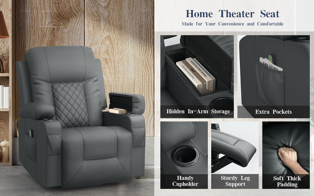 Recliner Chairs for Adults, FSC Certified Massage Reclining Chair with Heated Modern, Ergonomic Lounge Single Reclining Sofa Seat with Cup Holder & Pocket, Living Room Lounge Recliners Black