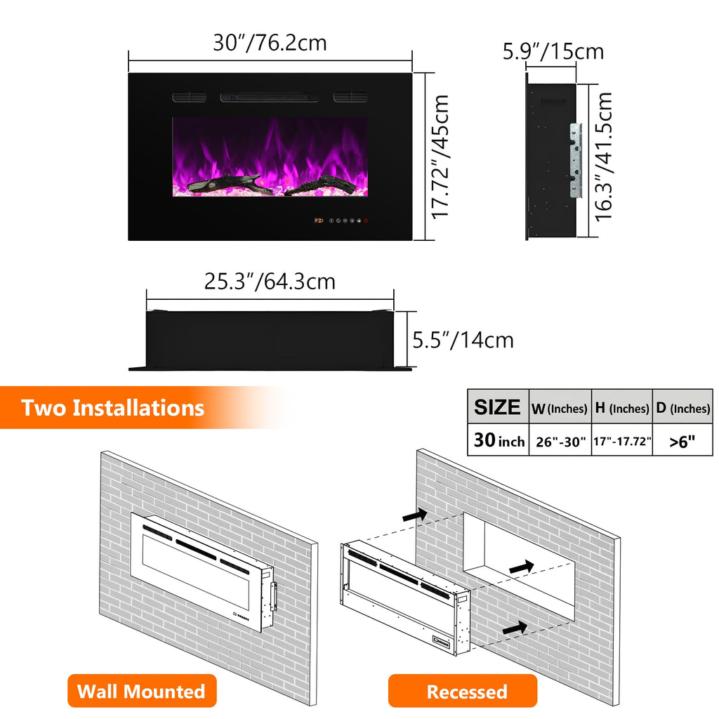 Electric Fireplace 30 inch Wide, Wall Mounted Fireplace Inserts Electric Heater, 13 * 13 Flame Effects Like Real Flame, Low Noise, Timer & Thermostat Setting, 750W/1500W, Black