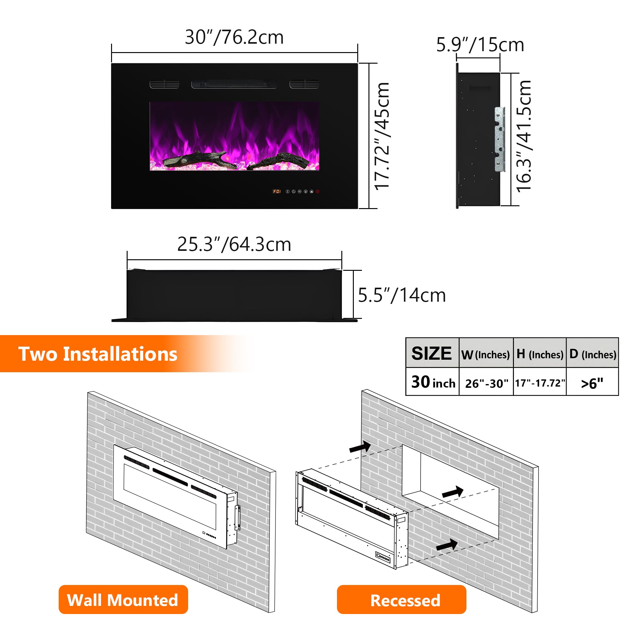 Electric Fireplace 30 inch Wide, Wall Mounted Fireplace Inserts Electric Heater, 13 * 13 Flame Effects Like Real Flame, Low Noise, Timer & Thermostat Setting, 750W/1500W, Black
