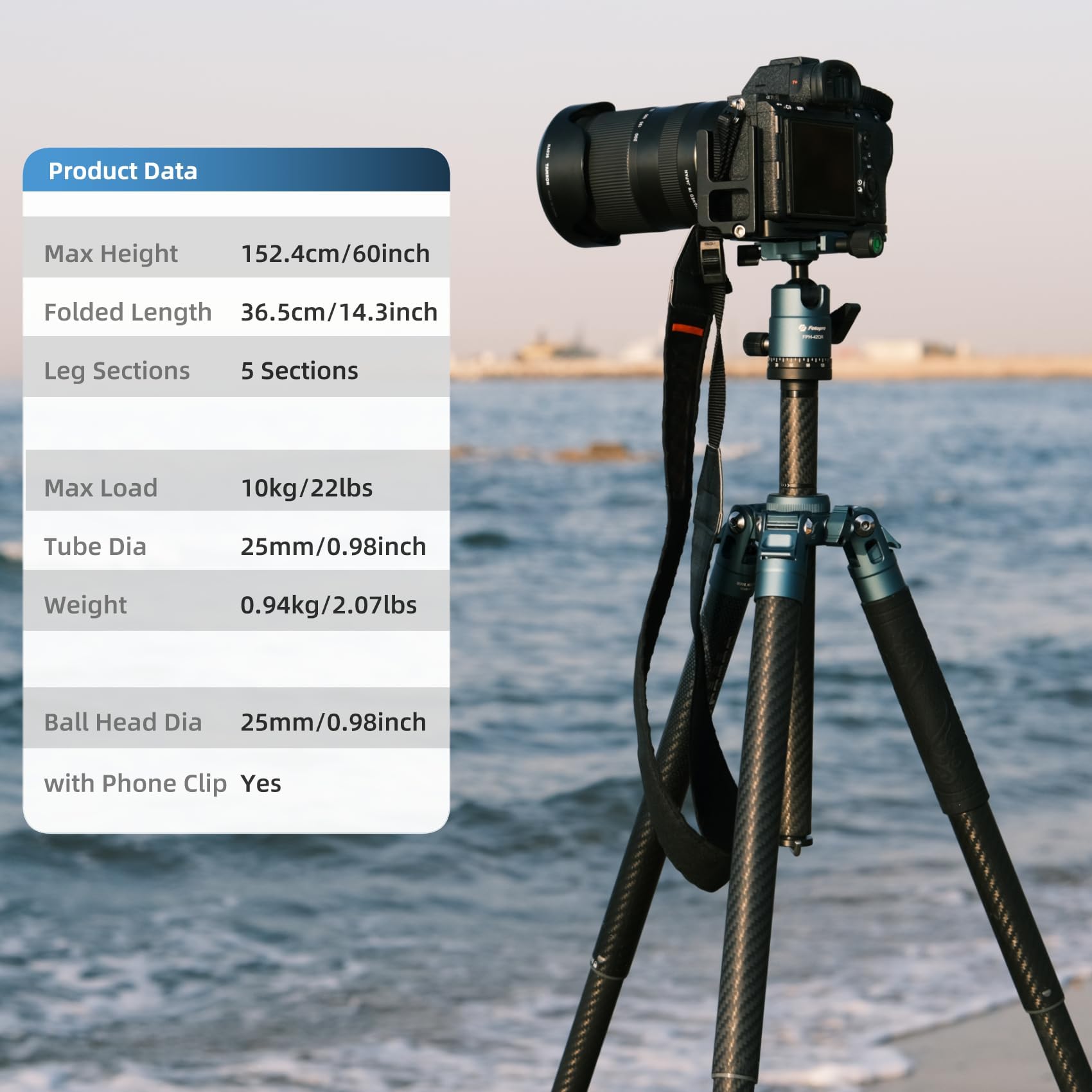Fotopro 60" Camera Tripod, Carbon Fiber Travel Tripod with 360° Ball Head, Ultralight 2.1lbs, 22lbs Load, Quick Lock, Folds to 14.3" Carry-On, for DSLR Mirrorless Cameras, X-Aircross 3 Blue