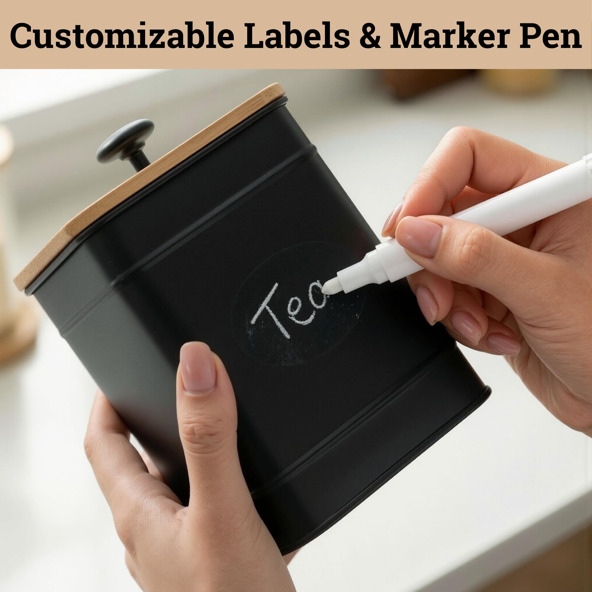 Kitchen Canisters for Countertop Set of 4 w/ Chalkboard Labels & Marker Pen | Airtight Easy Open Bamboo Lids, Dent-Resistant Thick Metal, Customizable Chalkboard Labels, Marker Pen Included, Set of 4