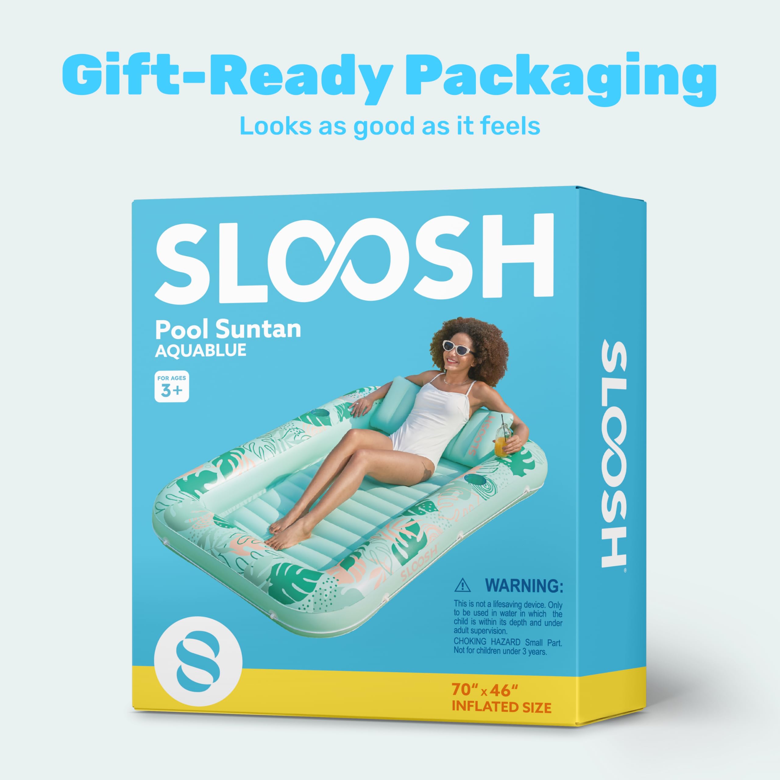 SLOOSH Inflatable Tanning Pool Lounger Float, 85" x 57" Extra Large Pool Floats Adult with Pillow, 4 in 1 Suntan Tub Raft Floatie,Sunbathing Bed Lounge for Water Blow Up Ball Pit Party Gifts, XL-Blue