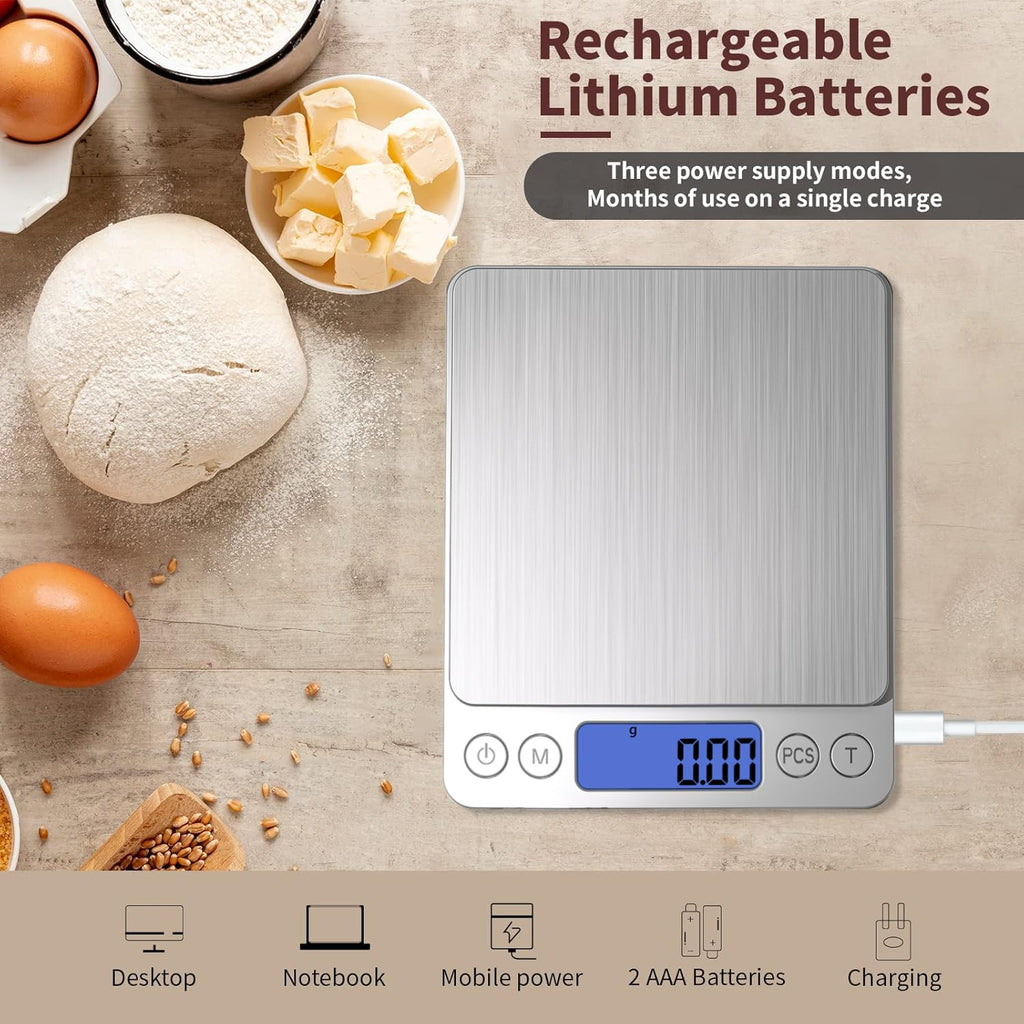 Small Digital Gram Scale 1000g by 0.01g, MEIYA High Accuracy Scale for Food Ounces and Grams, Upgrade USB Charging Kitchen Scale Digital Weight for Cooking, Baking, with Tare Function, 9 Units, 2 Tray