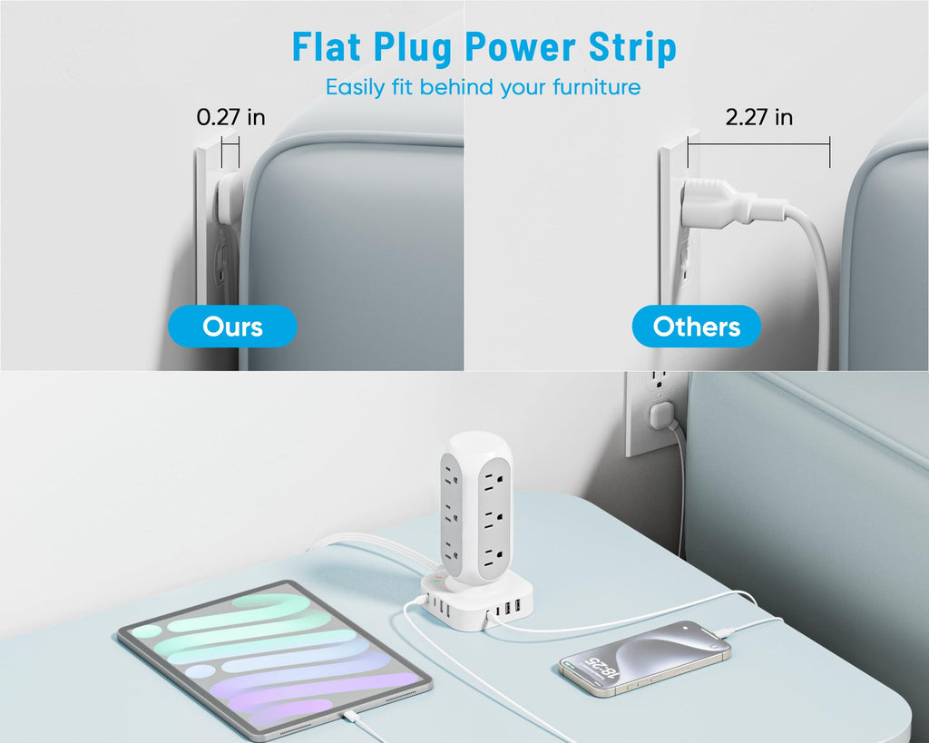 Flat Plug Power Strip Tower, TenTrend Dual PD 20W USB-C Charger Tower with 12 AC Outlets & 8 USB Ports (4 USB C), 40W Total Fast Charging Station, 10FT Extension Cord for Desk Office Dorm Room