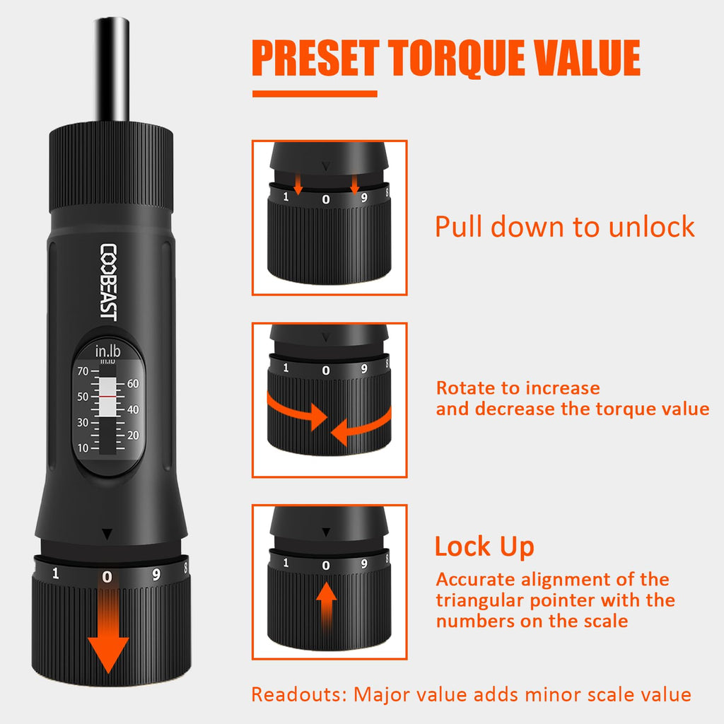 coobeast 13Pcs Preset Torque Screwdriver with S2 Bits, 1/4” Drive Torque Wrench Screwdriver Set for Maintenance, Tools, Bike Repairing and Mounting, Inch Pound Torque Range 10-70 In-lb