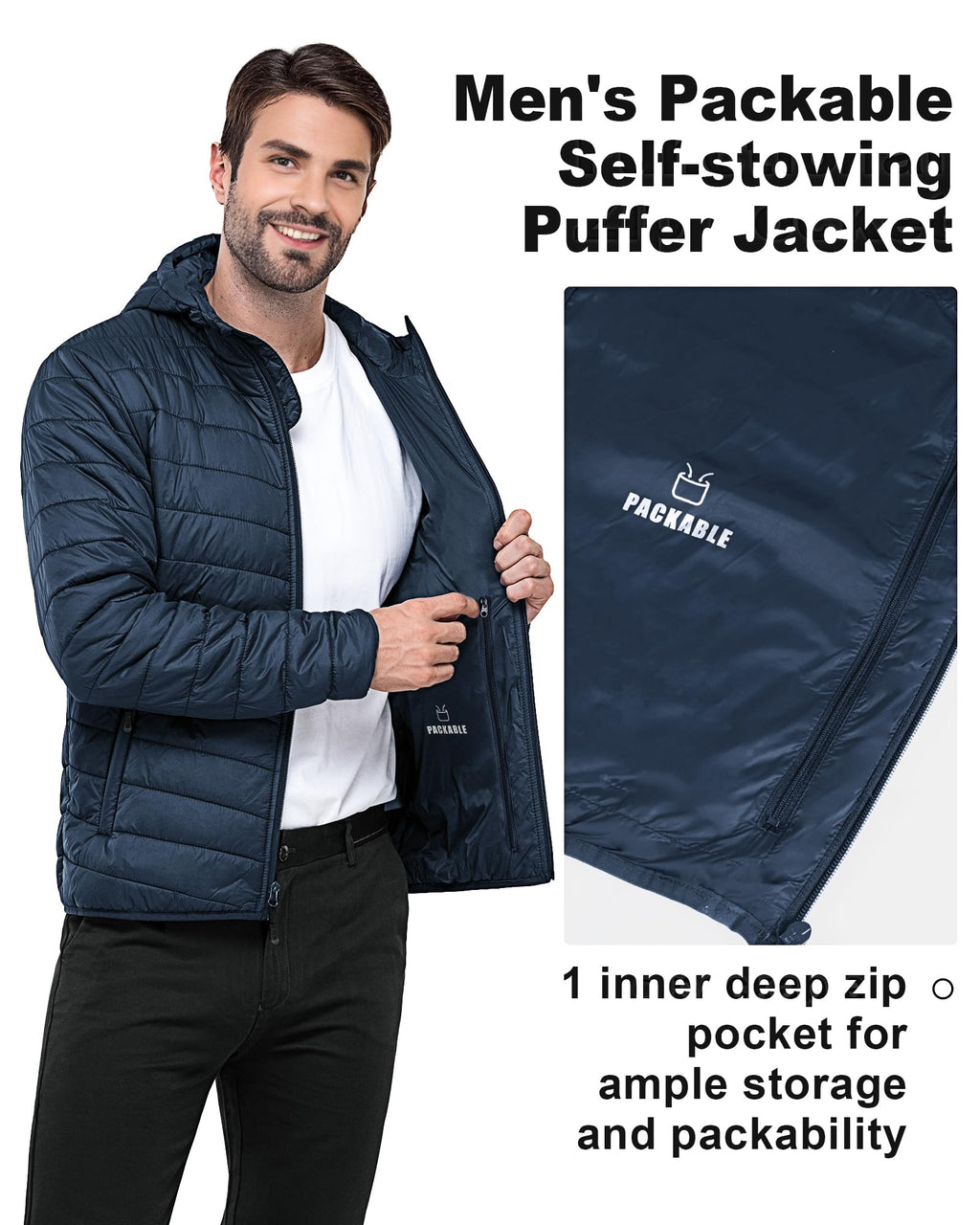 Outdoor Ventures Men's Lightweight Packable Hooded Puffer Jacket Insulated Winter Coat for Snow Ski Traveling
