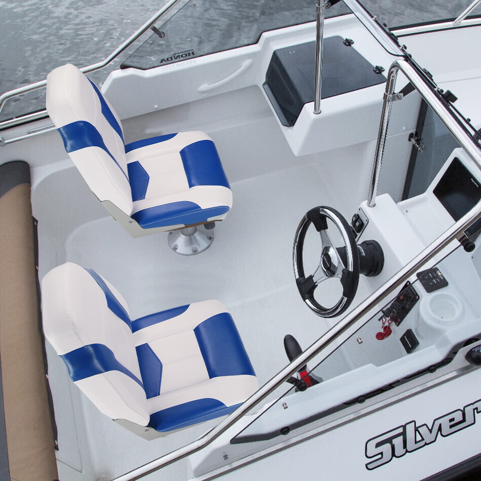PEXMOR Boat Seats, Low/High Back, Folding, Waterproof, Captain Seat, 2 Packs (High Back-Blue & White)