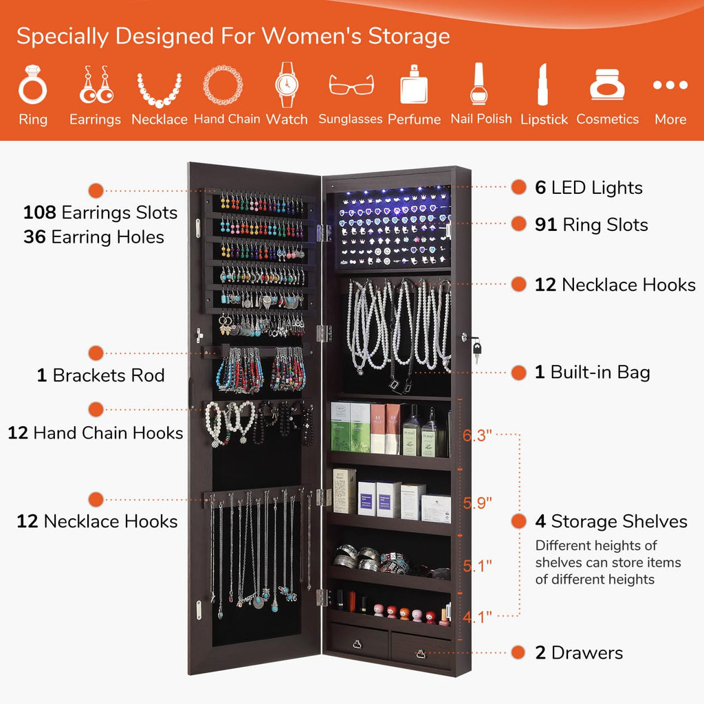 GISSAR Full Length Mirror Jewelry Cabinet, 6 LEDs Jewelry Armoire Wall Mounted Over The Door Hanging, Jewelry Organizer Storage with Lights Lockable, Black, 14.6" x 47.2"