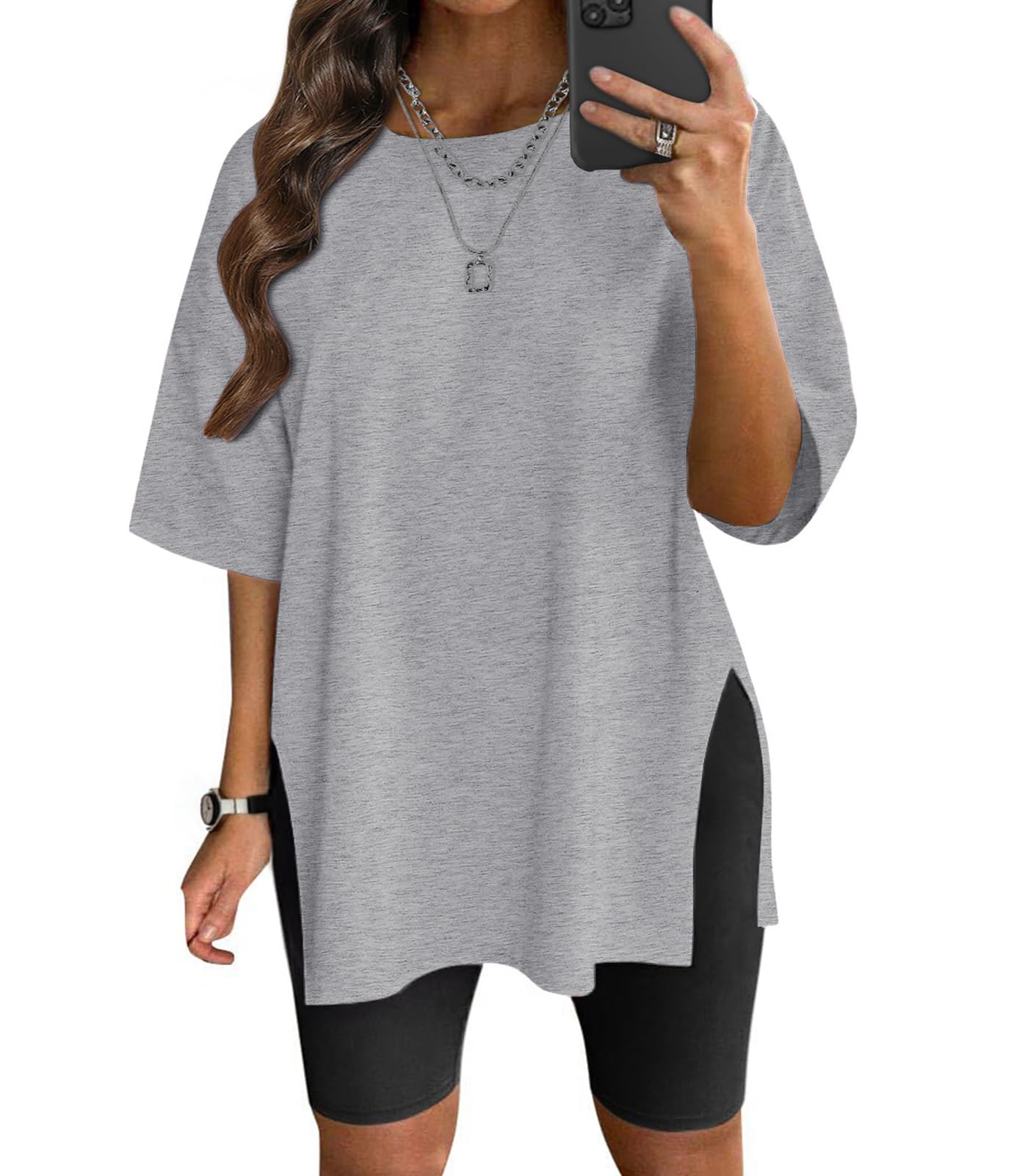 VNIRA Plus Size T Shirt for Women Oversized Cotton Short Sleeve Workout Top Loose Fit Side Split Casual Basic Tunic Top