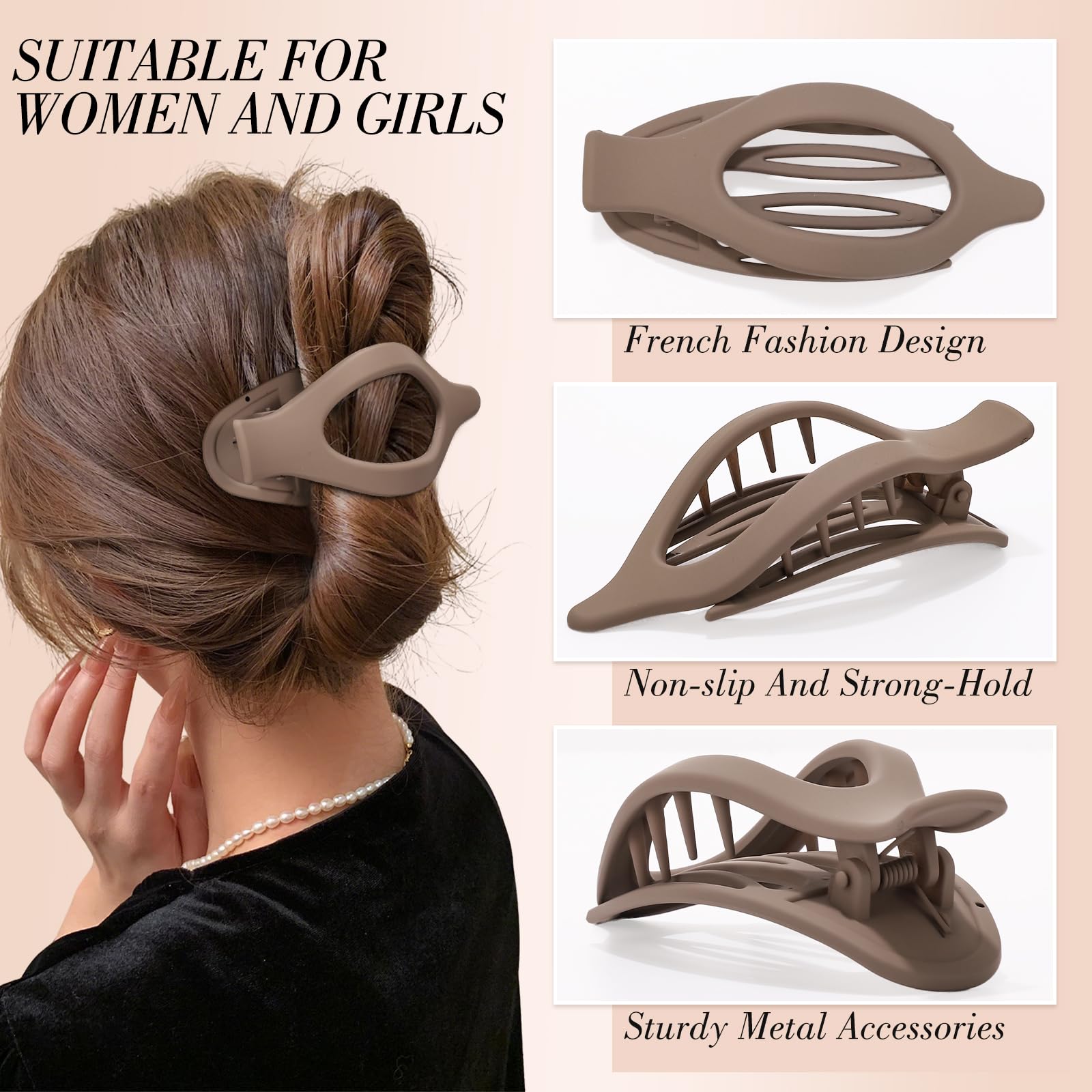 Obeoby 8 Pcs Flat Claw Clips for Women, Strong Hold French Flat Hair Clips for Thick Thin Hair Barrettes Accessories Round Large Medium (Tortoiseshell)