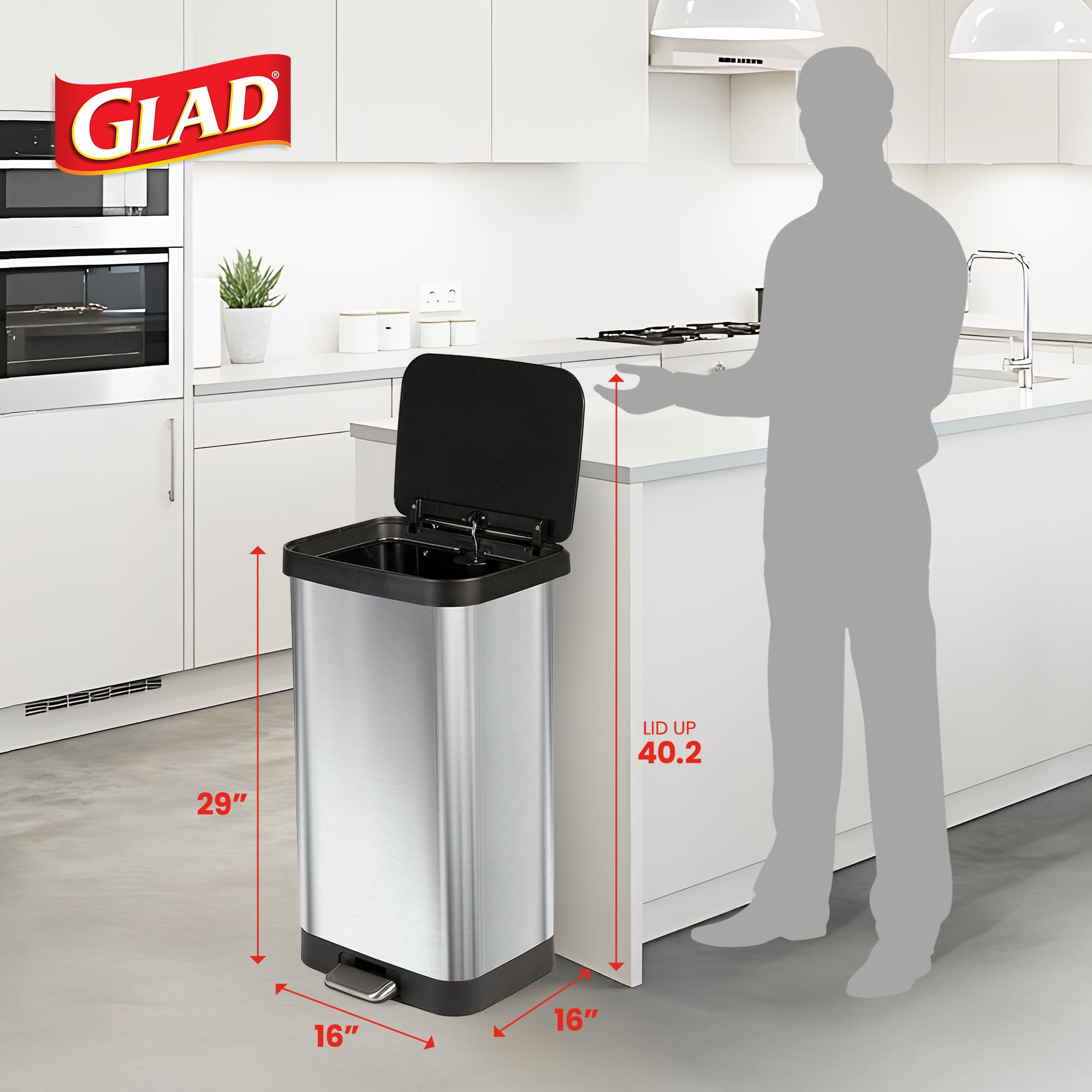 Glad 13 Gallon All Brushed Stainless Steel Trash Can with Clorox Odor Protection | Large Metal Kitchen Garbage Bin with Soft Close Lid, Garbage Bag Rings, Step On Foot Pedal and Waste Bag Roll Holder