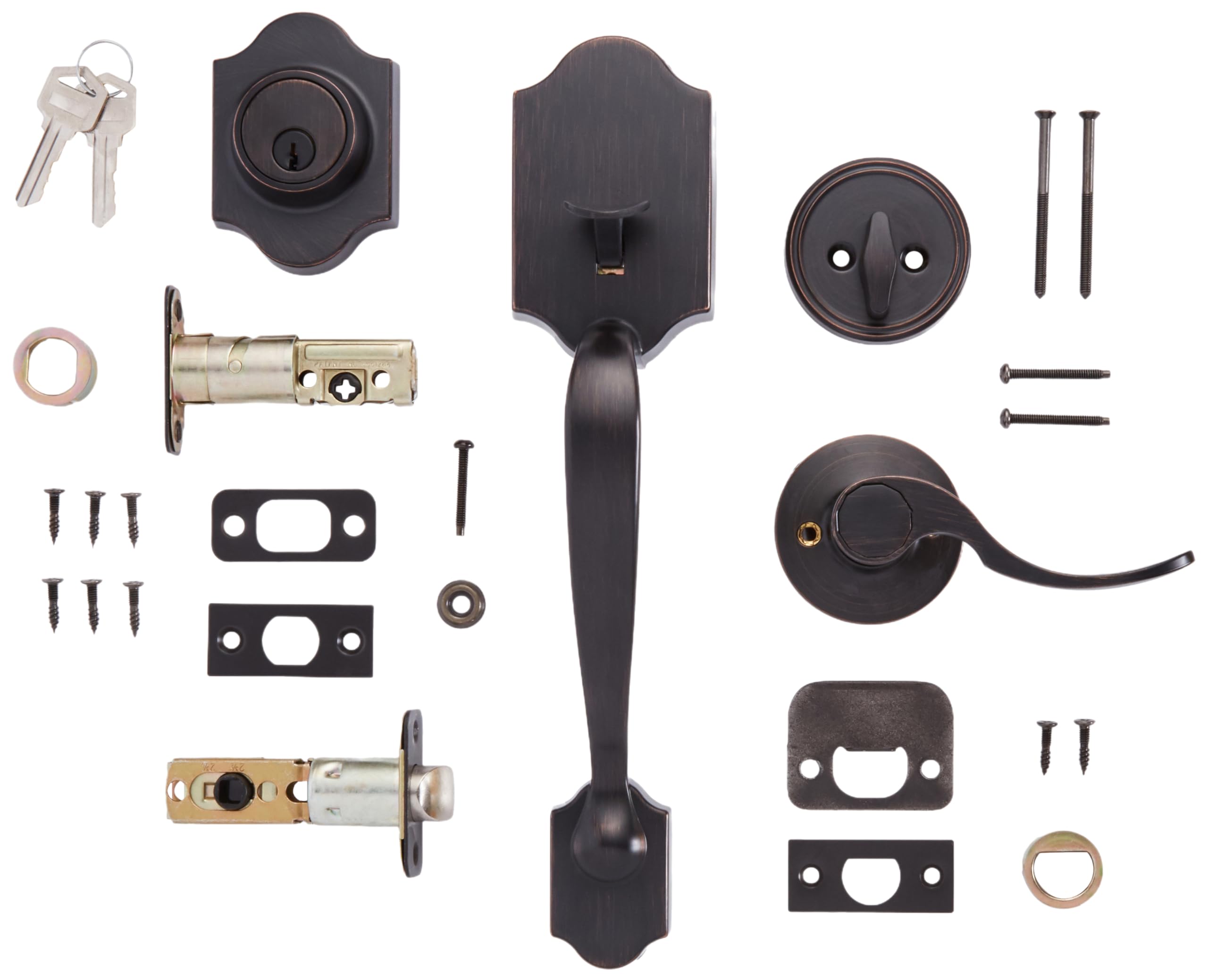 Amazon Basics Front Door Lock Set, Handleset with Shelby Lever, Single Cylinder, Easy to Install, Oil Bronze, Grade-3 Security