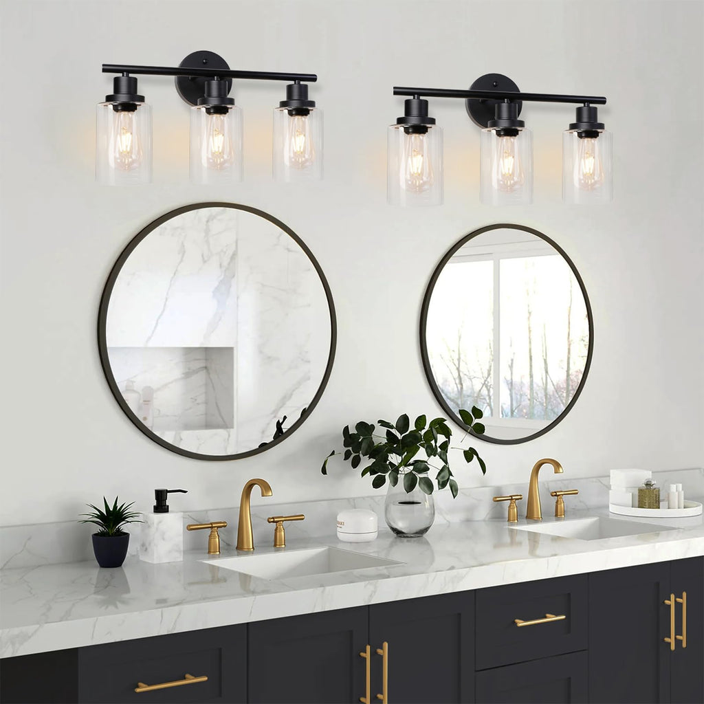 Unicozin 2 Pack Modern Bathroom Light Fixtures, 3 Light Vanity Lights, Black Wall Lamp with Clear Glass for Bathroom, Mirror, Living Room, Bedroom, Hallway, E26 Base