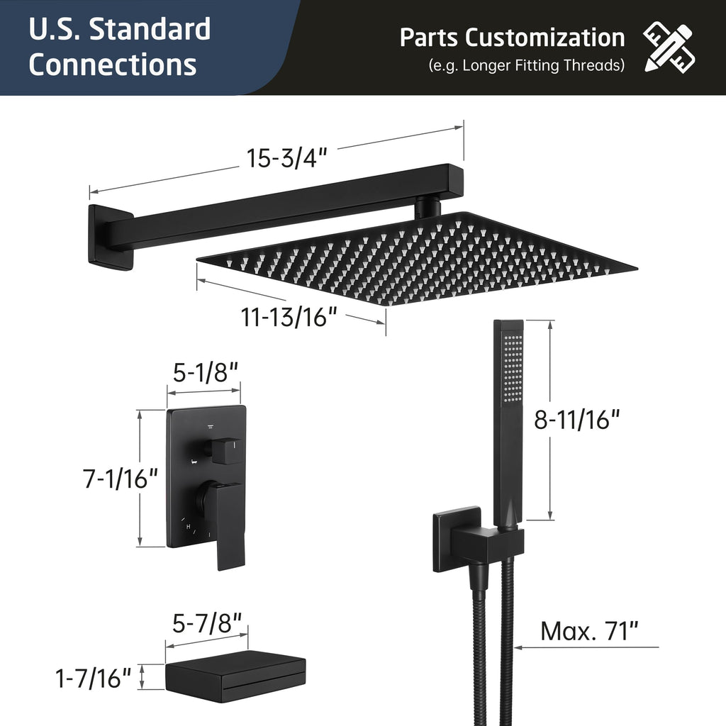 KES Tub and Shower Faucet Set Shower System with 10-Inch Rain Shower Head and Waterfall Tub Faucet Wall Mount Shower Valve and Trim Kit Included Matte Black, XB6240-BK