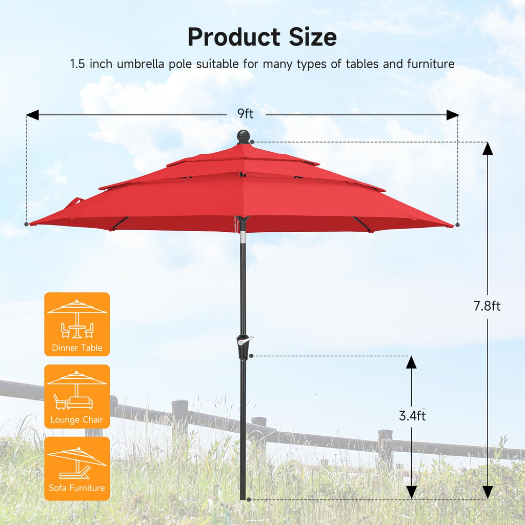 ONBRILL 10 FT Patio Umbrella, 3 Tier Outdoor Table Umbrella with 8 Sturdy Glass Fiber Ribs and Push Button Tilt, Outdoor Patio Umbrellas for Market Pool Garden Backyard, 1.5" Pole, Blue (No Base)