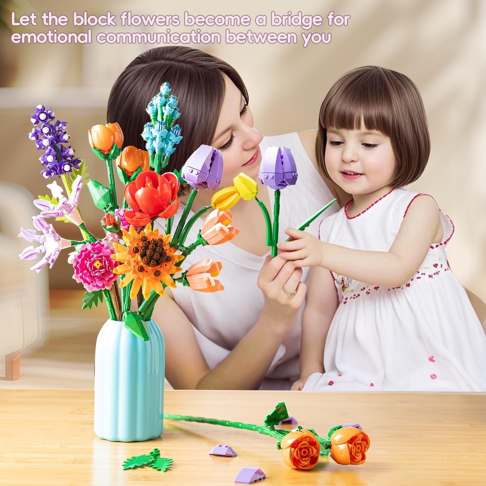 Sawaruita Purple Tulip Flower Bouquet Building Block Sets for Adult Women | Botanical Collection with Vase, Home Decor Gifts for Mothers Day,Valentines,Birthday