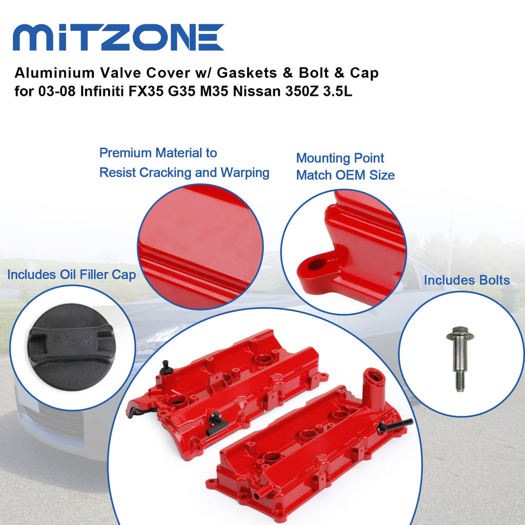 MITZONE Engine Valve Cover Set with Bolts & Oil Cap & Gaskets & Spark Plug Tube Seals & P CV Cover Compatible with 2003-2008 Nissan 350Z Infiniti FX35 G35 M35 VQ35DE 3.5L Part# 13264AM600 13264AM610