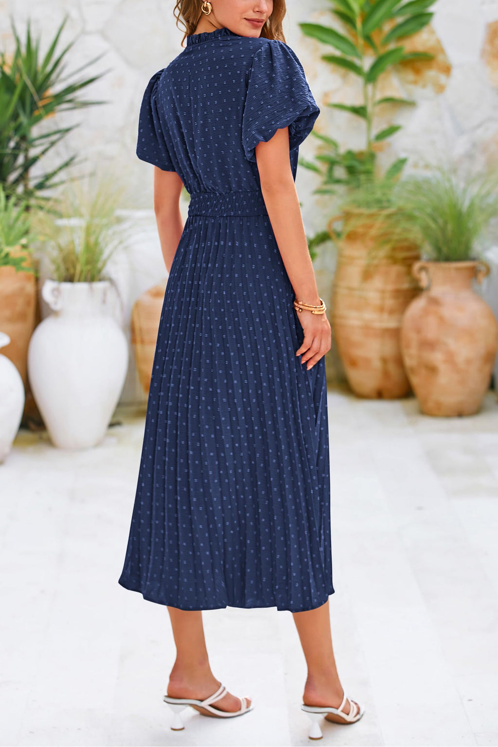 PRETTYGARDEN Womens Summer Midi Dresses Puff Short Sleeve V Neck Swiss Dot Pleated A Line Flowy Long Wedding Guest Dress