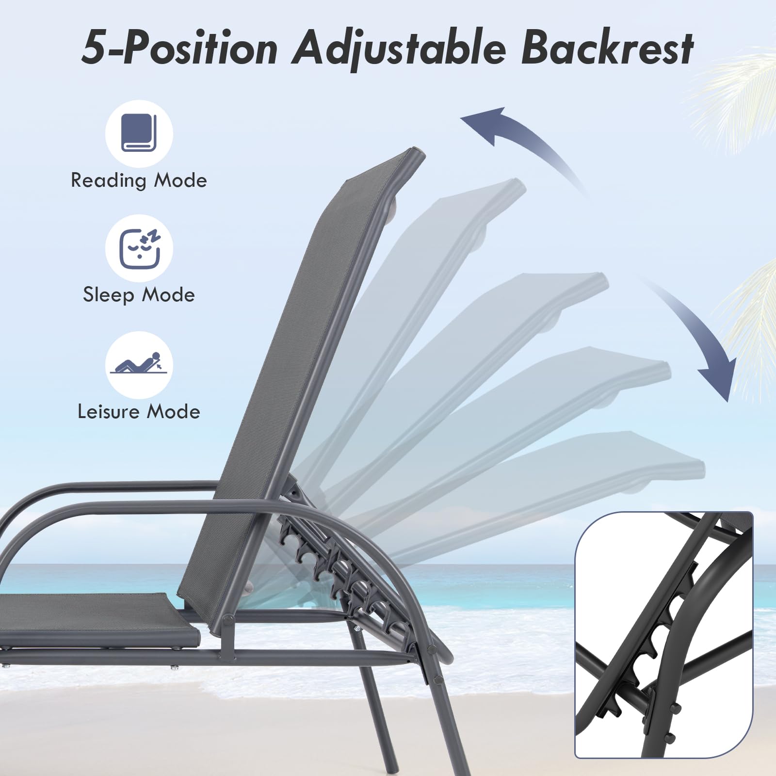 Giantex Patio Lounge Chair, Outdoor Chaise Lounge with 5 Adjustable Backrest, Sturdy Steel Frame, Sunbathing Recliner, Beach Chair, Tanning Chair for Outside, Yard, Balcony, Pool Chairs, Black