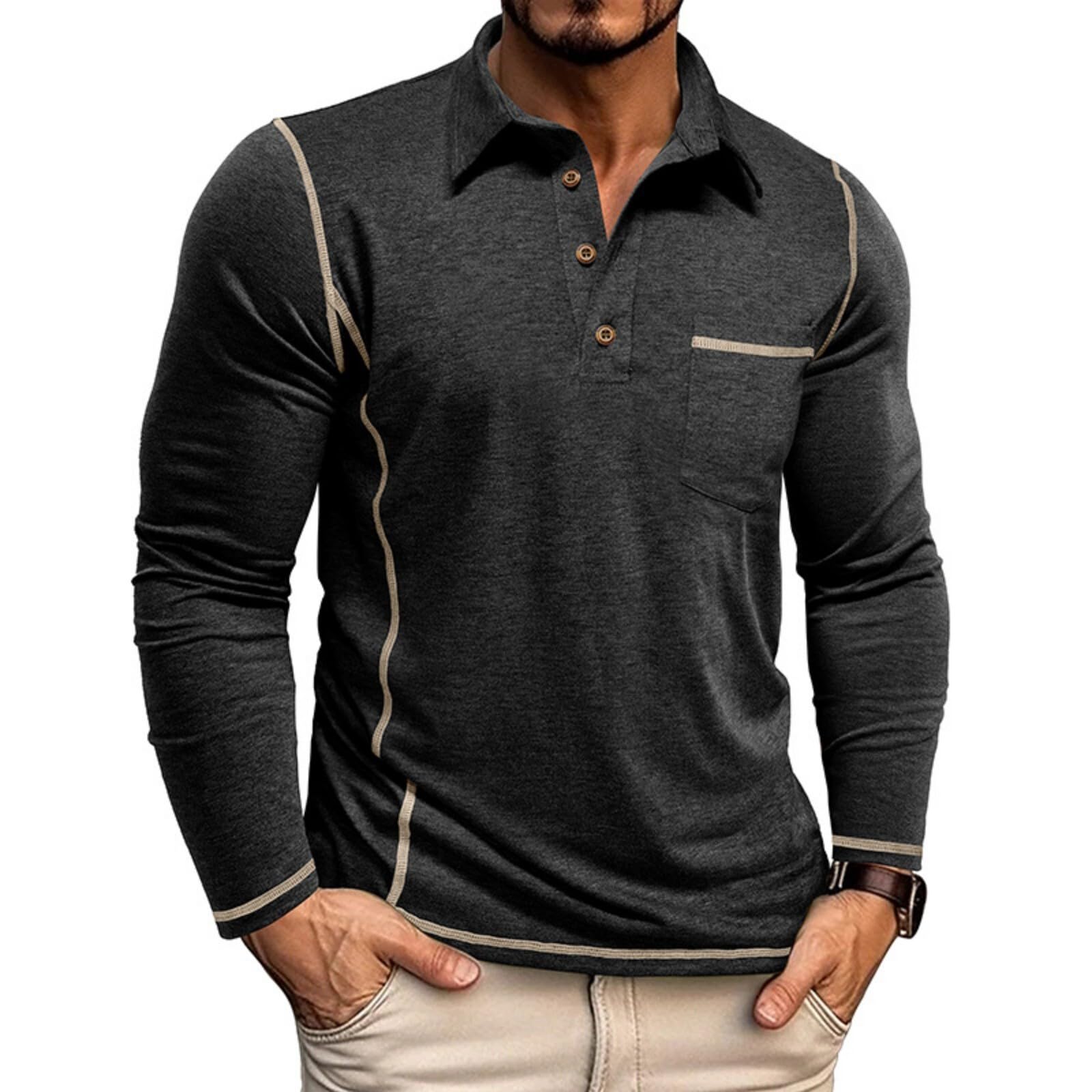 Men's Casual Long Sleeve Polo Shirts Collared Button Cotton T-Shirt Classic Stylish Golf Shirt with Pocket