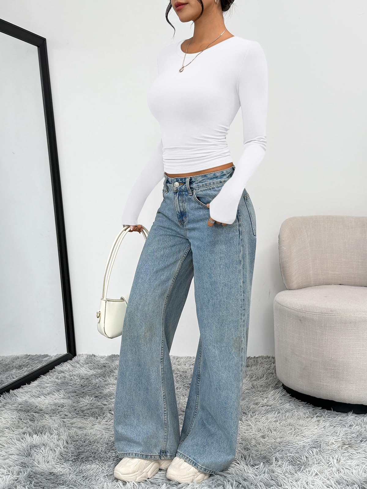 Trendy Queen Womens Long Sleeve T-Shirts Basic Crop Tops 2026 Spring Fashion Outfits Going Out Winter Clothes