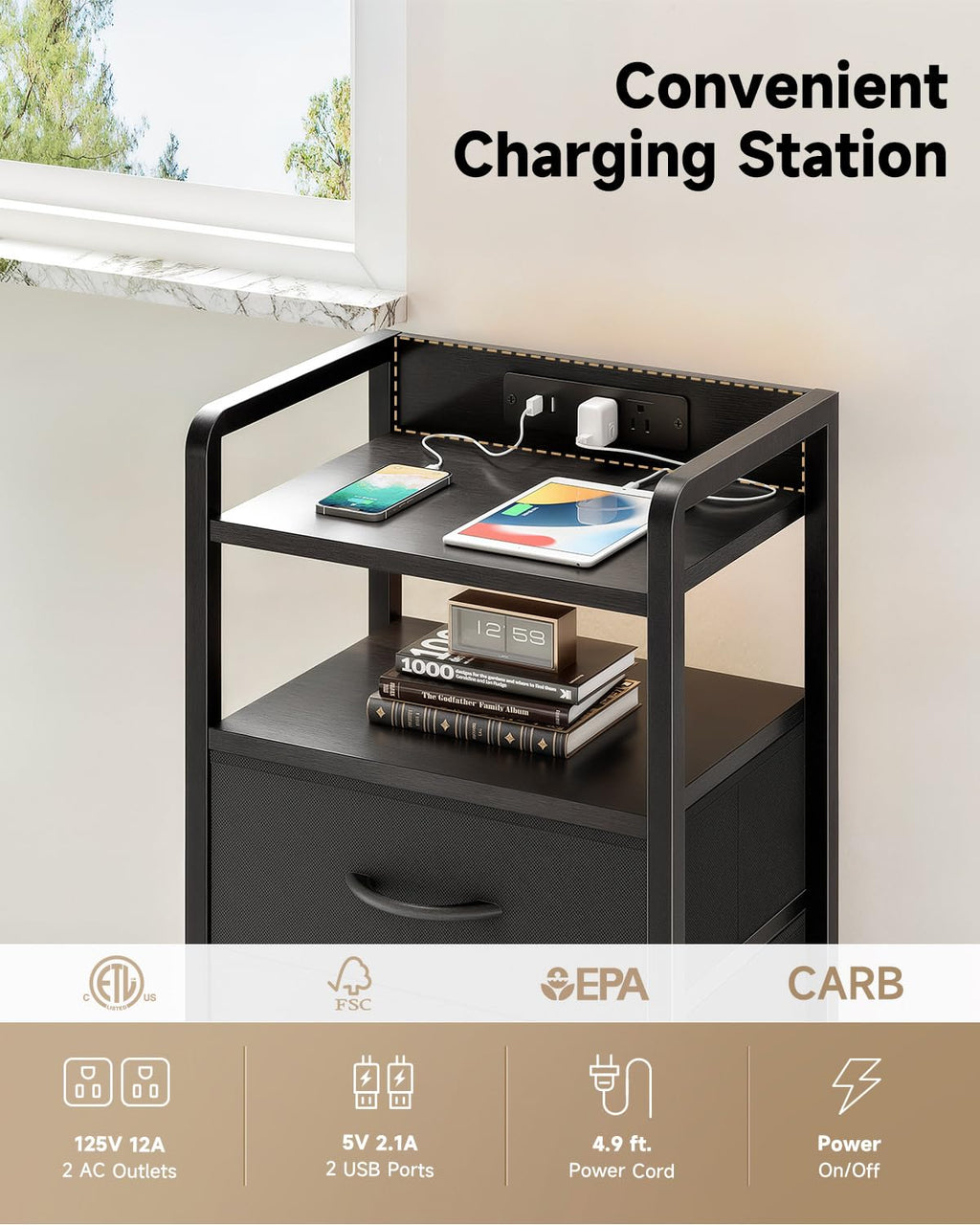 Lazzanto Night Stand Bedside Charger Bedroom - Nightstand with Charging Station & LED Light Strip, Night Stand with Storage Shelf & 2 Fabric Drawers, Morden End Table with U-S-B Ports & AC Outlets