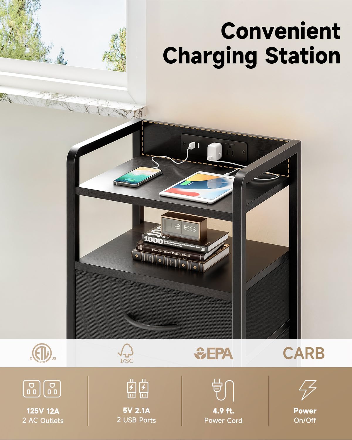 Lazzanto Night Stand Bedside Charger Bedroom - Nightstand with Charging Station & LED Light Strip, Night Stand with Storage Shelf & 2 Fabric Drawers, Morden End Table with U-S-B Ports & AC Outlets