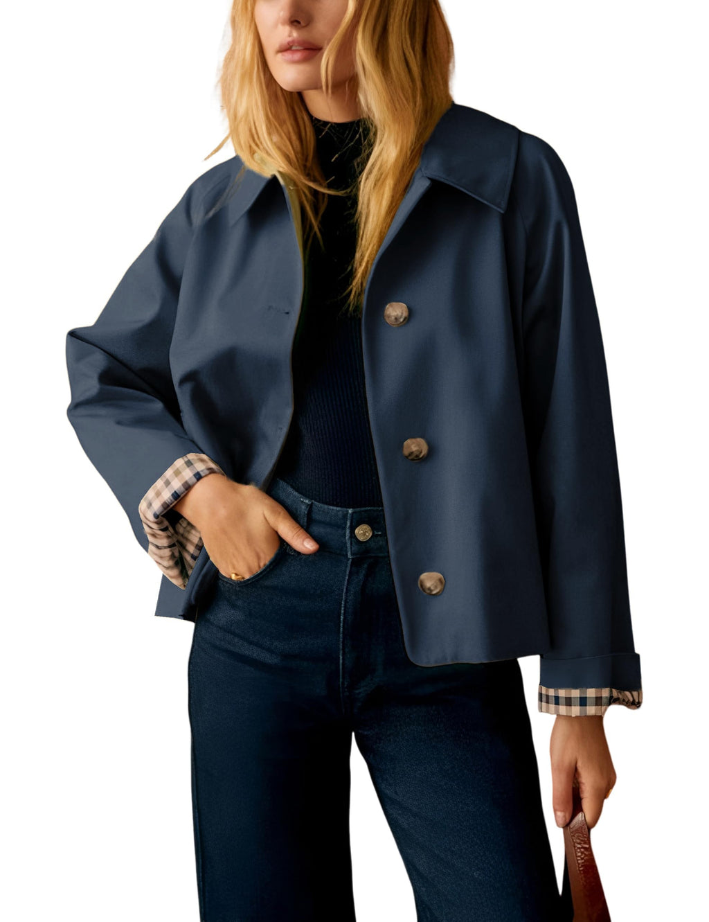 Yeokou Women Oversize Trench Coat Plaid Lining Lapel Button Down Casual Crop Jacket Outwear with Pockets