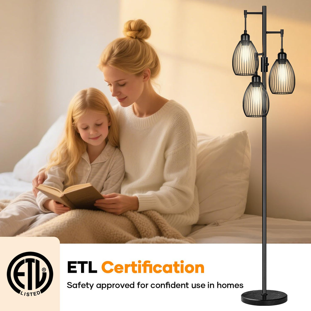 Dimmable Floor Lamp, 3 x 800LM LED Edison Bulbs Included, Farmhouse Industrial Floor Lamp Standing Tree Lamp with Elegant Teardrop Cage Tall Lamps for Living Room Bedroom Office Dining Room-Brass