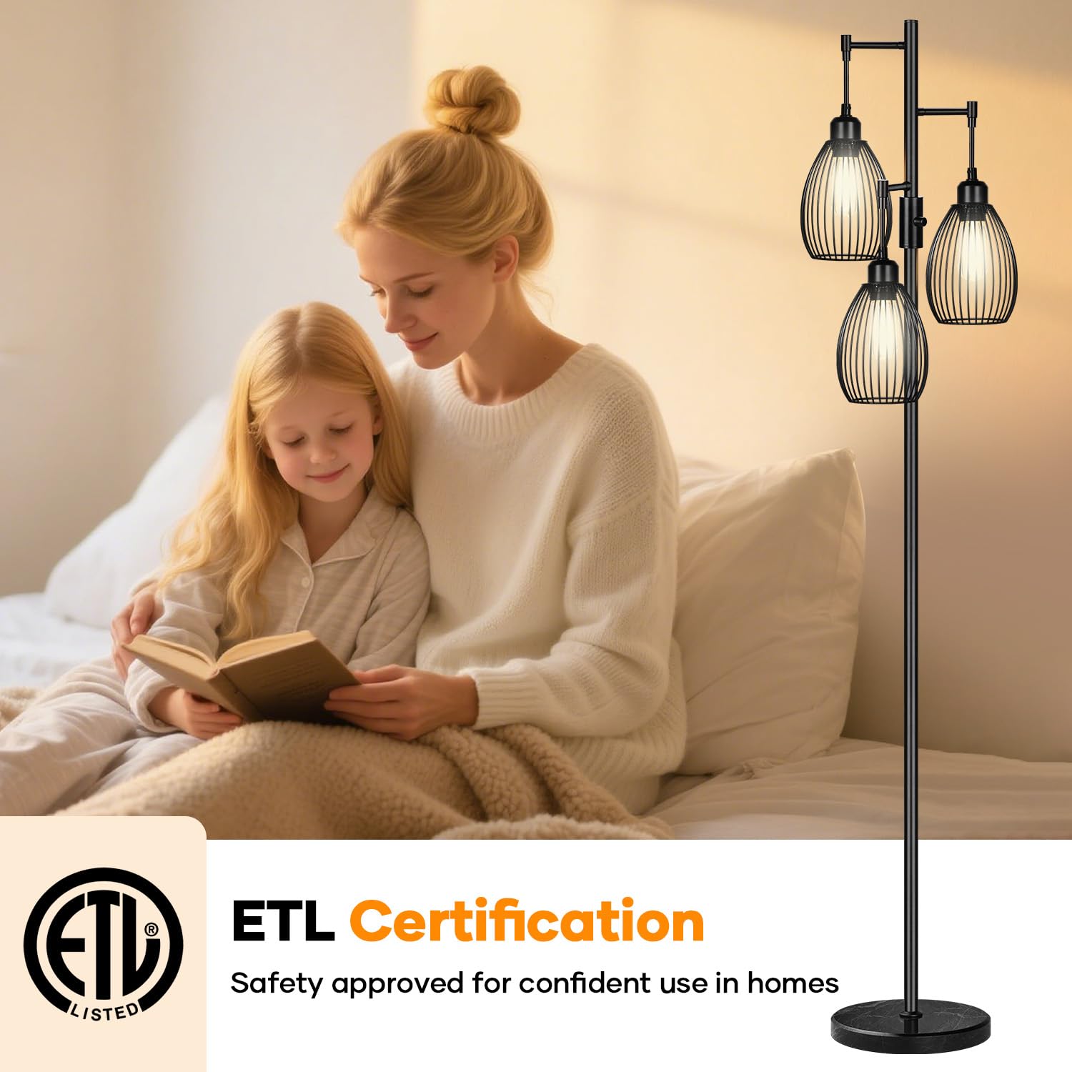 Dimmable Floor Lamp, 3 x 800LM LED Edison Bulbs Included, Farmhouse Industrial Floor Lamp Standing Tree Lamp with Elegant Teardrop Cage Tall Lamps for Living Room Bedroom Office Dining Room-Brass