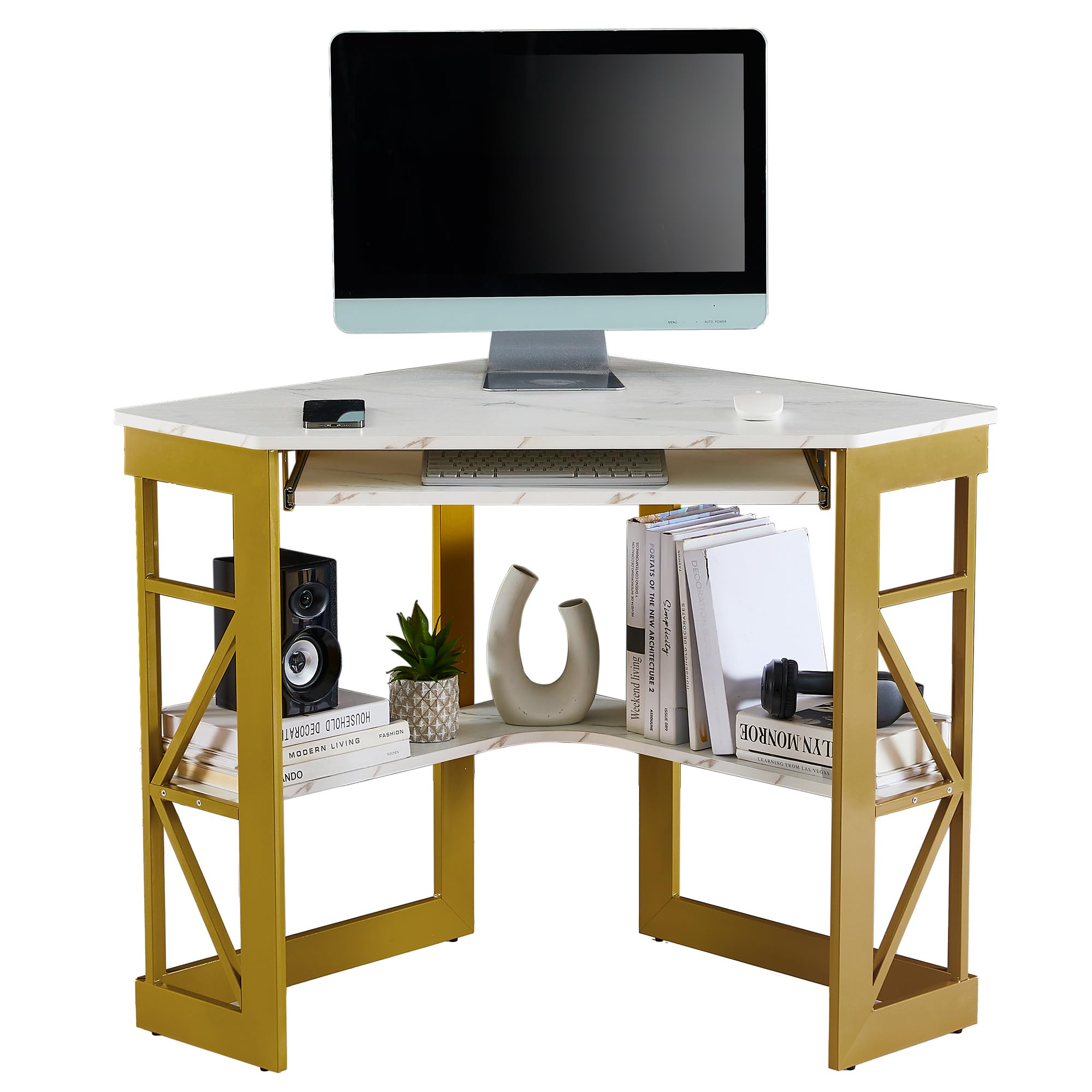 VECELO Corner Desk Computer Desk Writing Table with Smooth Keyboard Tray & Storage Shelves,Compact Home Office Triangle Table,Antique Brown