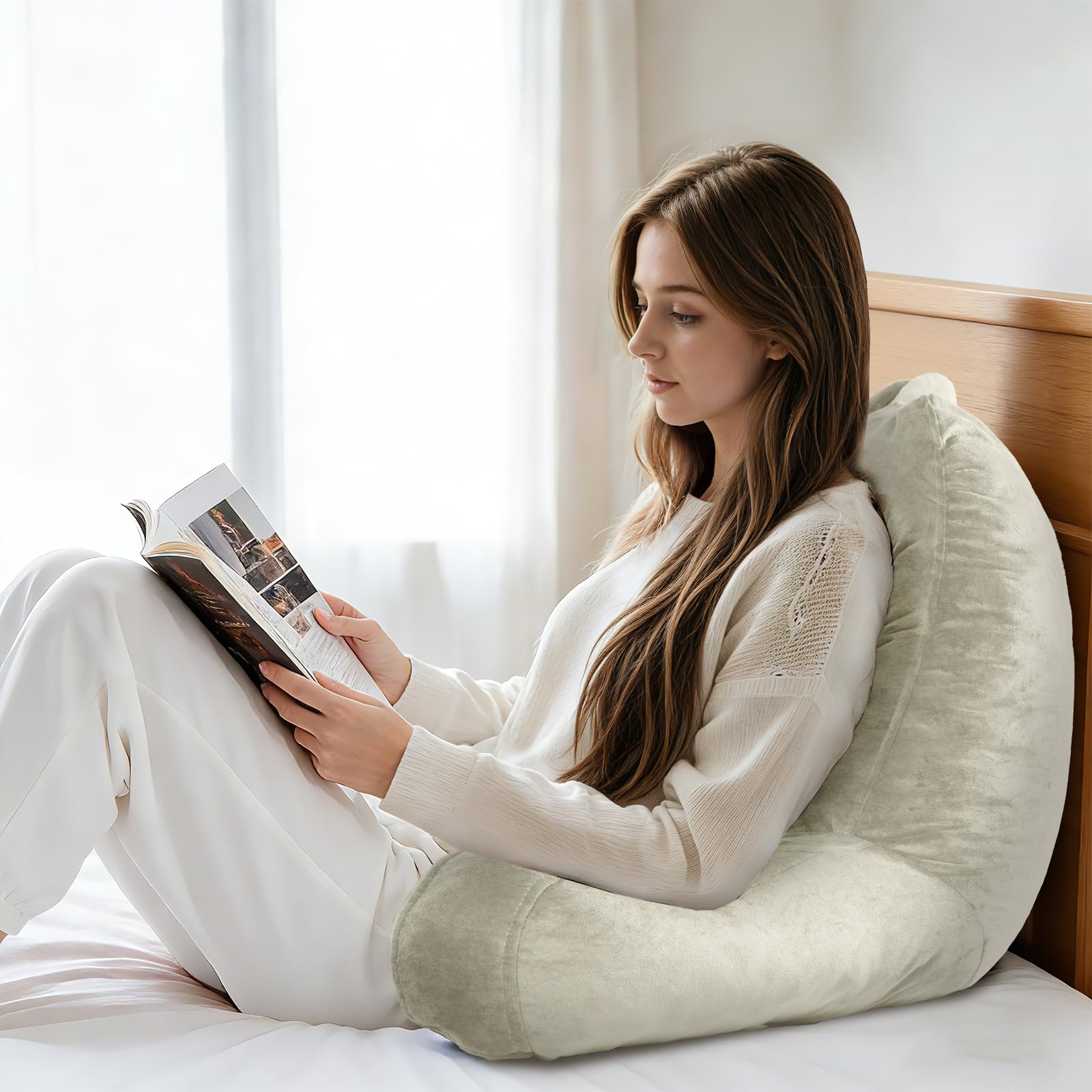 OAISZ Reading Pillow for Sitting in Bed Adult, Reading Pillow with Shredded Memory Foam, Bed Pillow with Washable Cover, Back Pillow Sitting Up with Extend Arms, Beige, X-Large