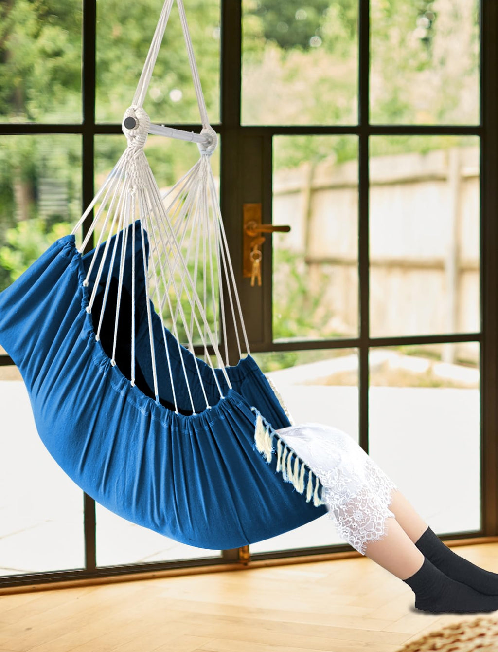 Chihee Hammock Chair Hanging Swing Max 500 Lbs 2 Cushions Included Metal Spreader Bar with Anti-Slip Grooves Portable Hanging Chair Side Pocket Large Macrame Bohemian Chair Indoor Outdoor | Hanging Swing with Anti-Slip Grooves Portable Hanging Chair Side