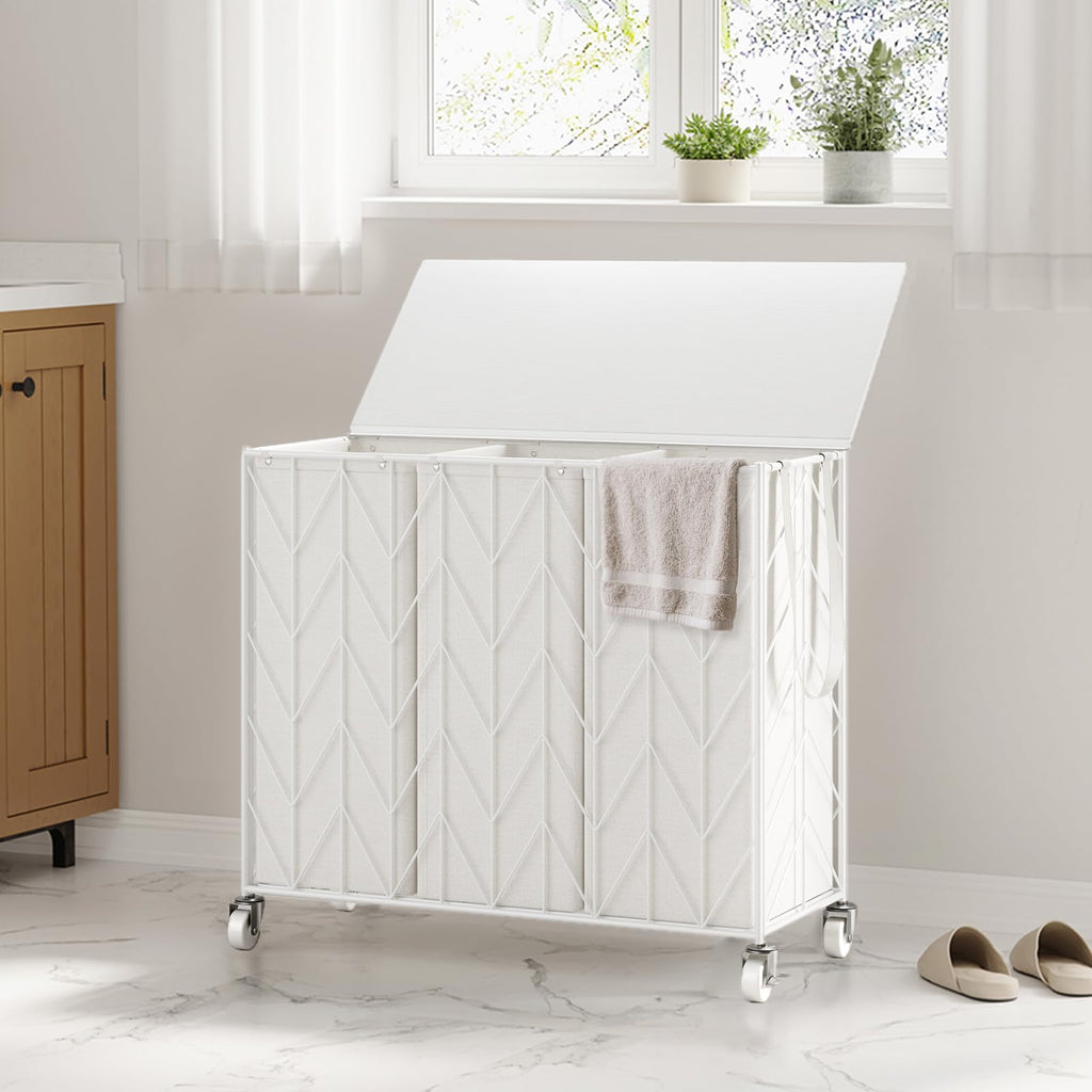 WOWLIVE Laundry Basket with Wheels, Heavy Duty Laundry Hamper with Wood Lid, Clothes Hamper with Divided Removable Liner Bag, Large Capacity Iron-Made Laundry Sorter Laundry Room Organization (Beige)
