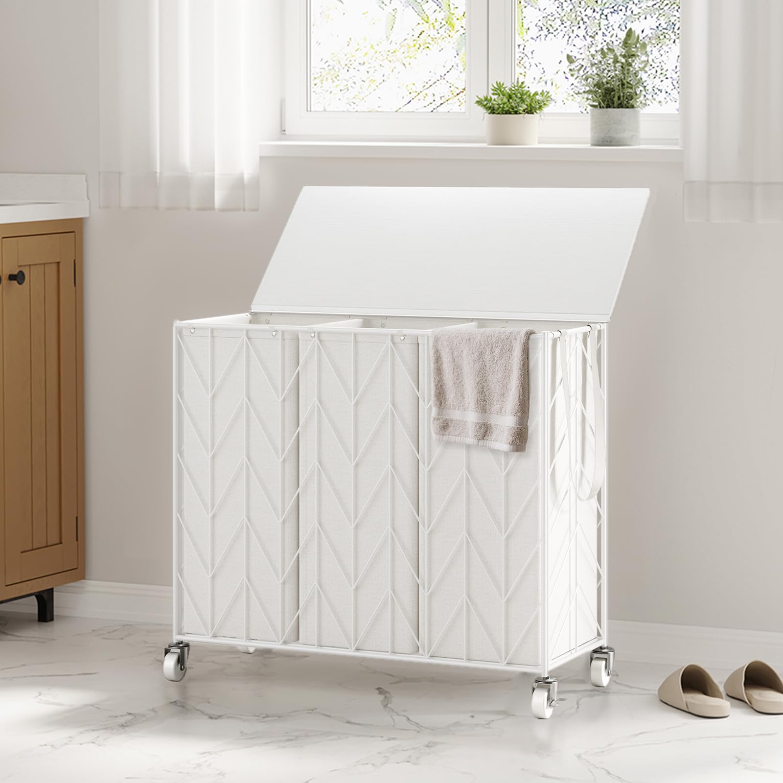 WOWLIVE Laundry Basket with Wheels, Heavy Duty Laundry Hamper with Wood Lid, Clothes Hamper with Divided Removable Liner Bag, Large Capacity Iron-Made Laundry Sorter Laundry Room Organization (Beige)