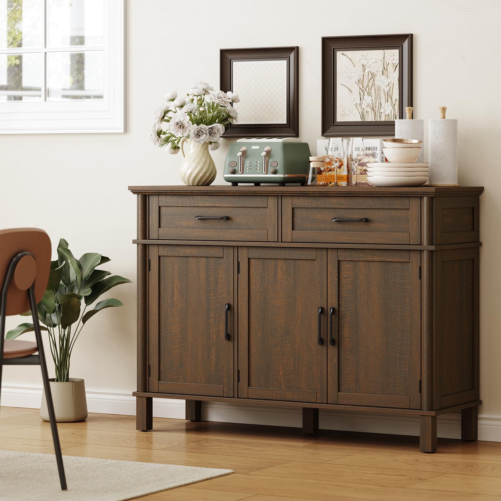 ONBRILL 48 Inches Buffet Cabinet with Storage, Farmhouse Sideboard Buffet w/2 Drawers and 3 Doors, Wood Coffee Bar Cabinet with Adjustable Shelves, Sideboard Storage for Kitchen, Living Room, Black