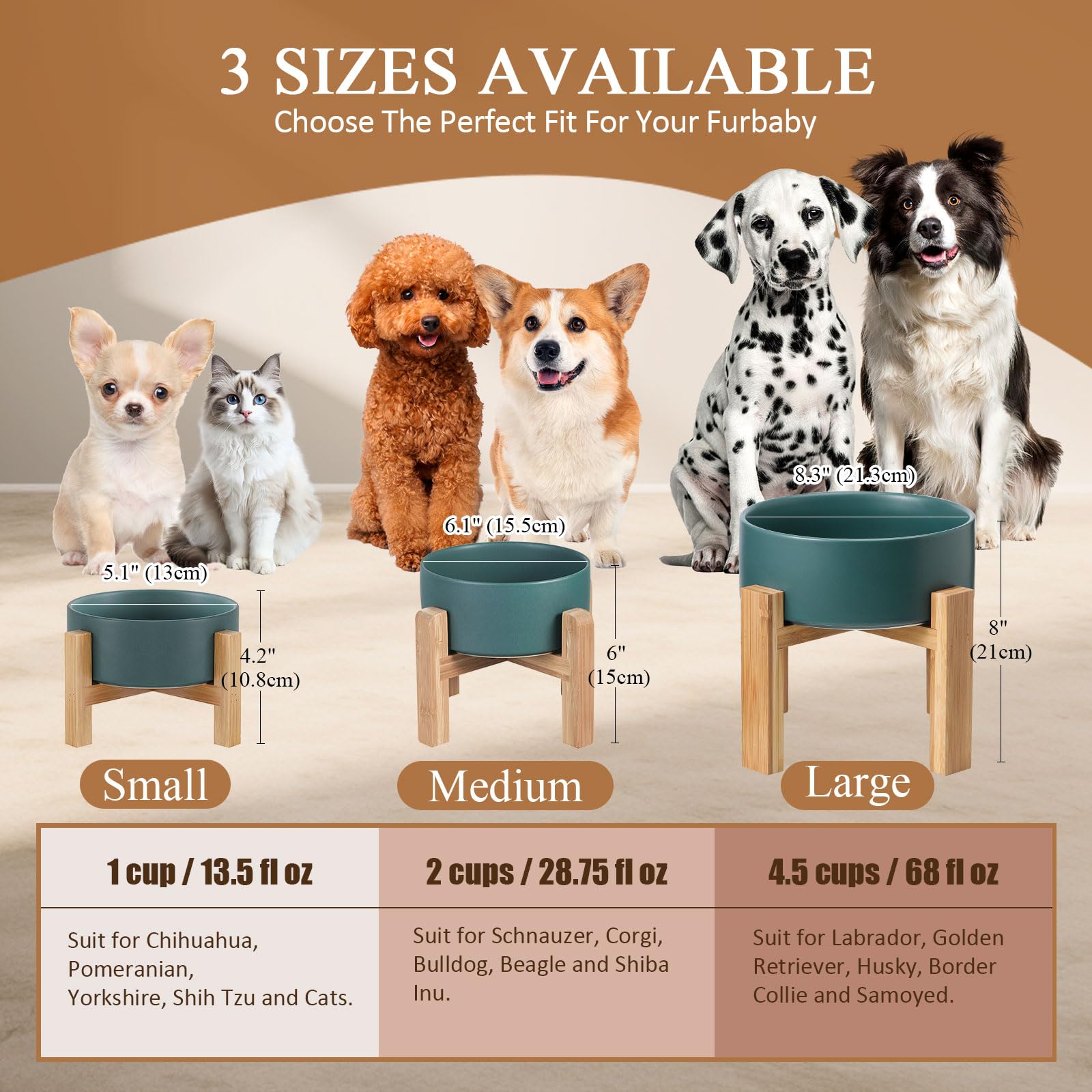 Raised Ceramic Cat Bowl - Cat Food Bowl with Bamboo Stand - Elevated Dog Food Dish for Puppies - Comfort Eating - 13.5 oz - 400 ml - Green