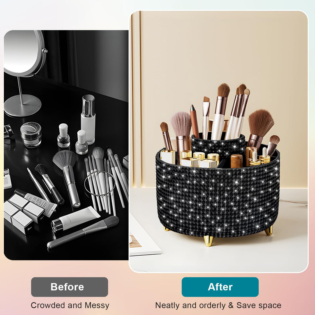 Makeup Brush Holder Organizer,360° Rotating Makeup Brush Organizer,5 Slot Make up Brushes Cup for Cosmetics, Nail Polish, Art Supply, Bathroom Vanity Desktop Organizer - Black