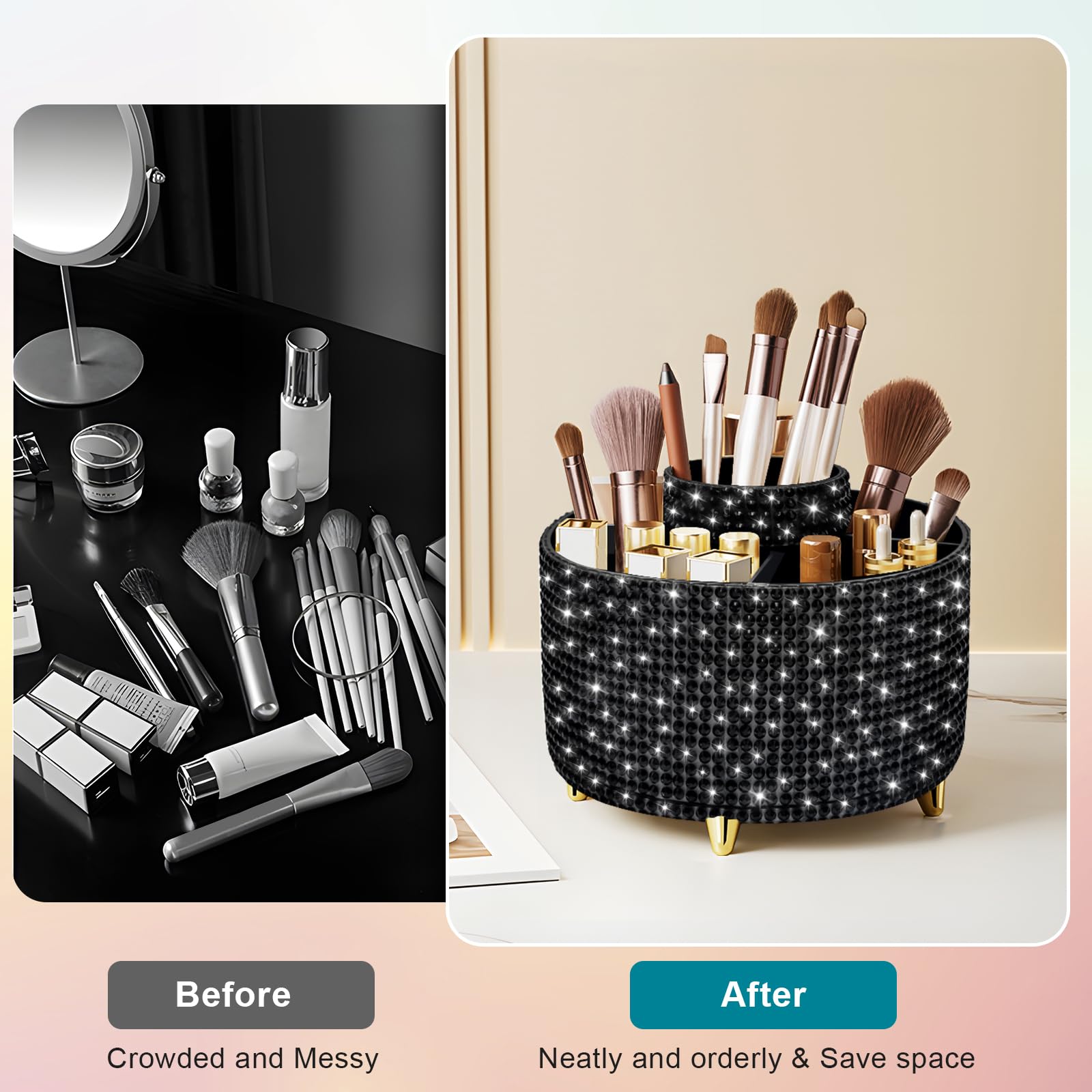 Makeup Brush Holder Organizer,360° Rotating Makeup Brush Organizer,5 Slot Make up Brushes Cup for Cosmetics, Nail Polish, Art Supply, Bathroom Vanity Desktop Organizer - Black